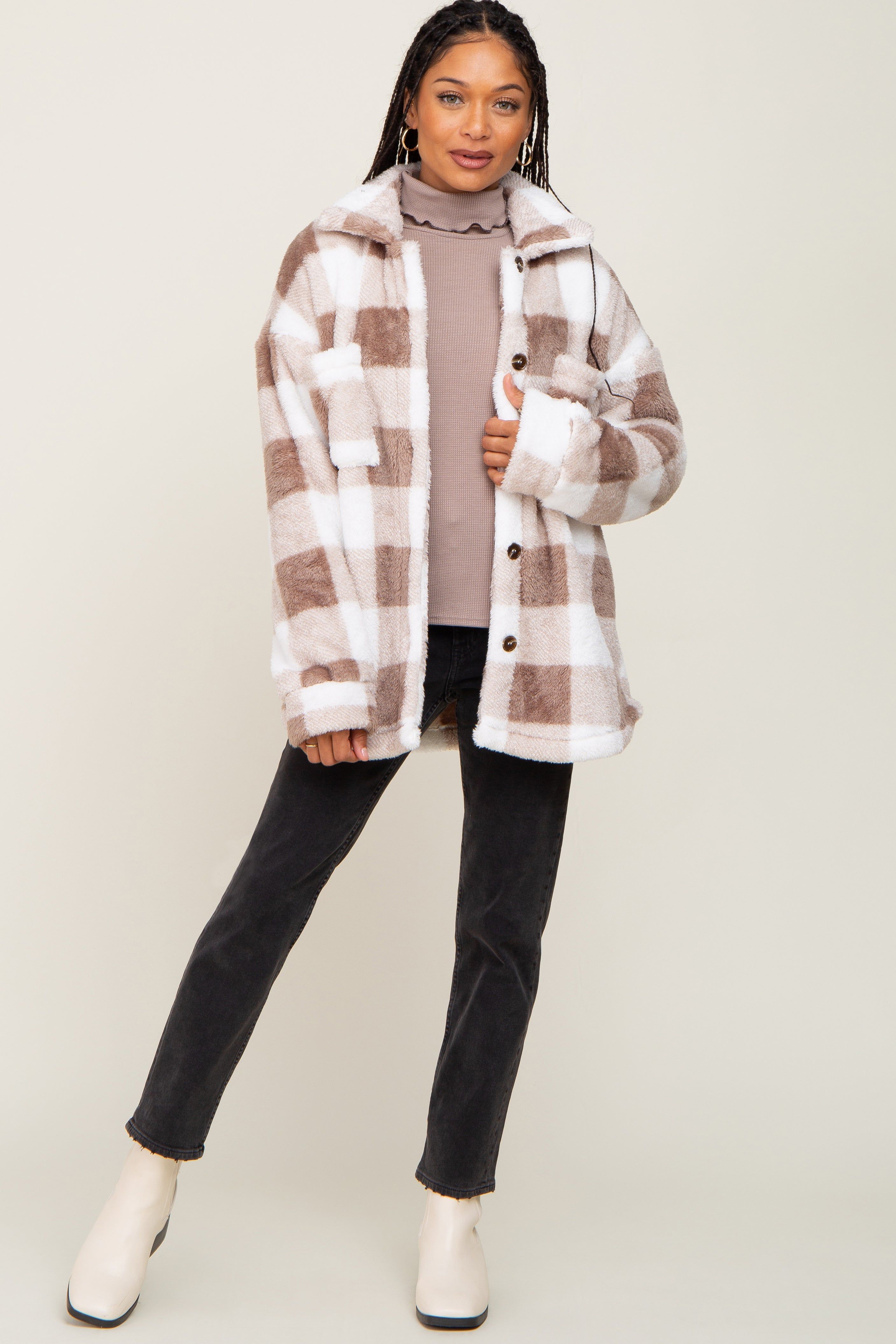 Mocha Plaid Fuzzy Shirt Jacket sold by Pinkblush product image thumbnail 4