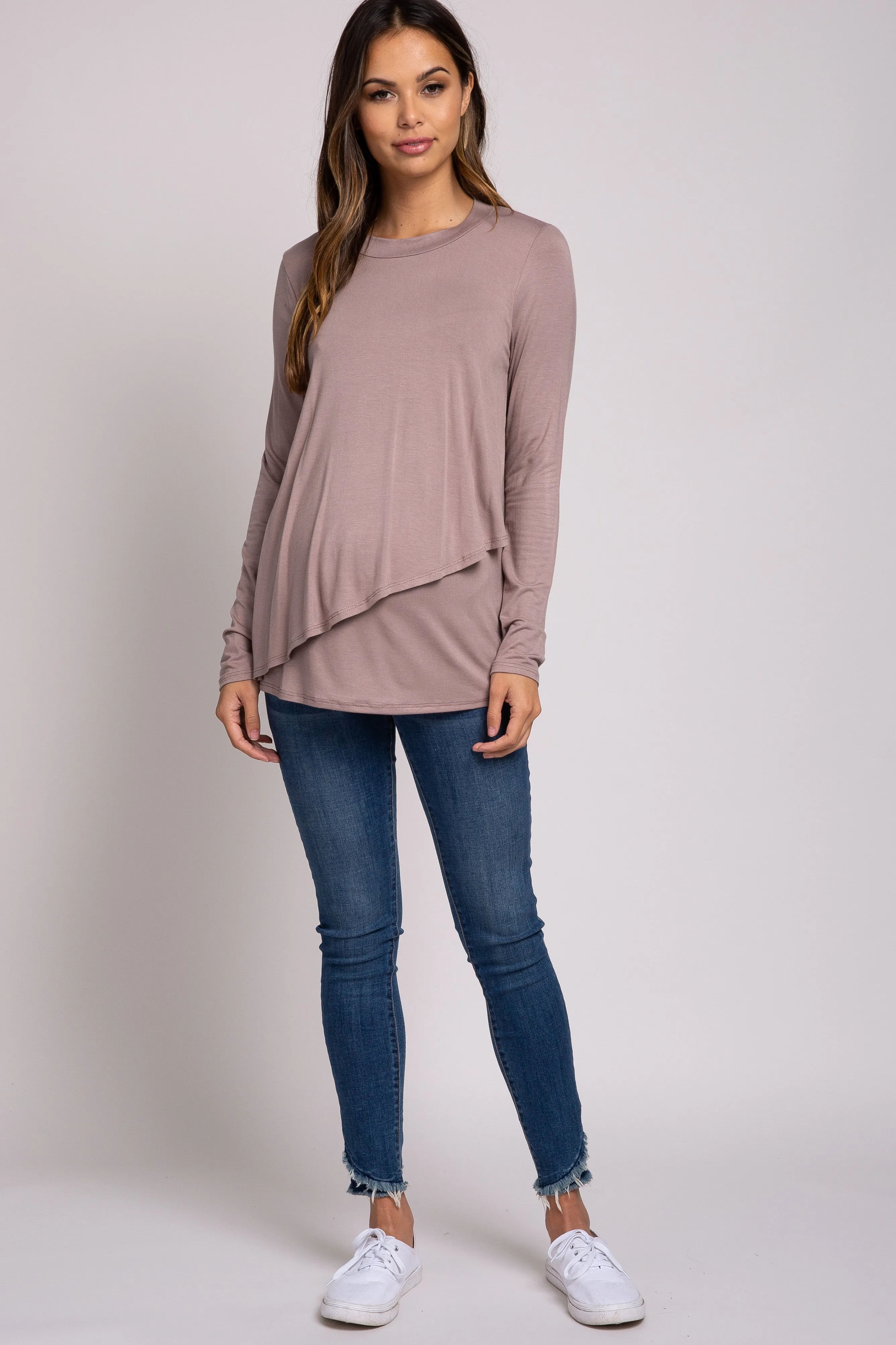 PinkBlush Taupe Solid Layered Front Long Sleeve Maternity/Nursing Top sold by Pinkblush product image thumbnail 4