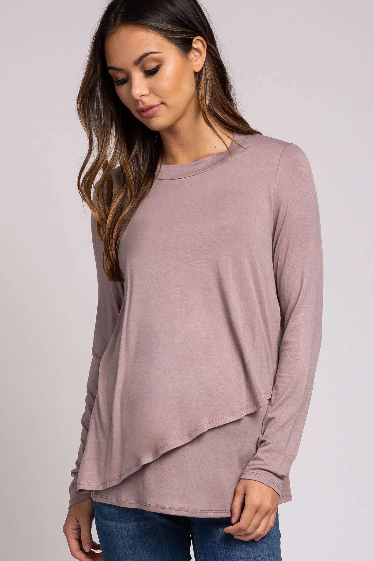 PinkBlush Taupe Solid Layered Front Long Sleeve Maternity/Nursing Top sold by Pinkblush