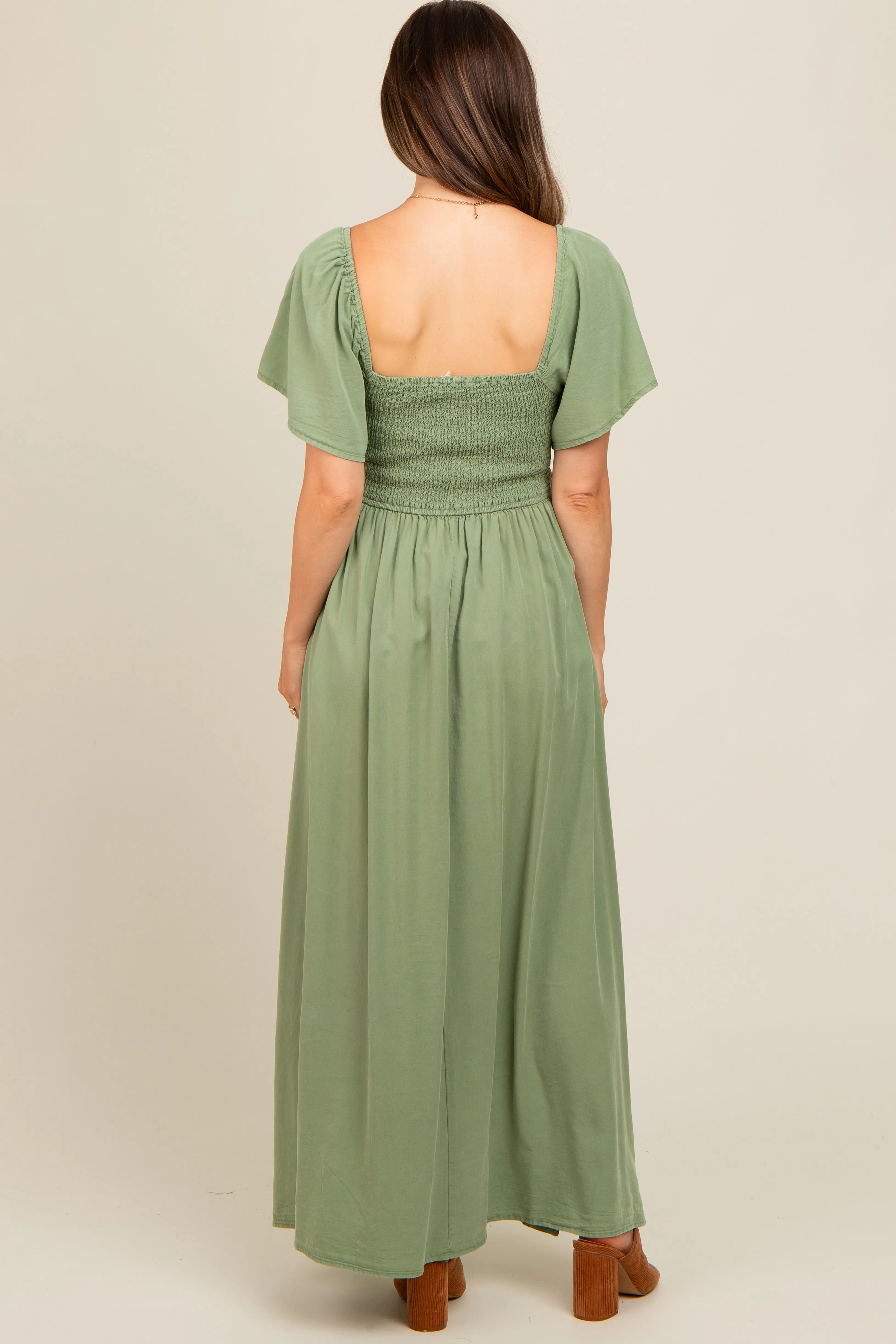 Light Olive Chambray Smocked Maternity Maxi Dress sold by Pinkblush product image thumbnail 3