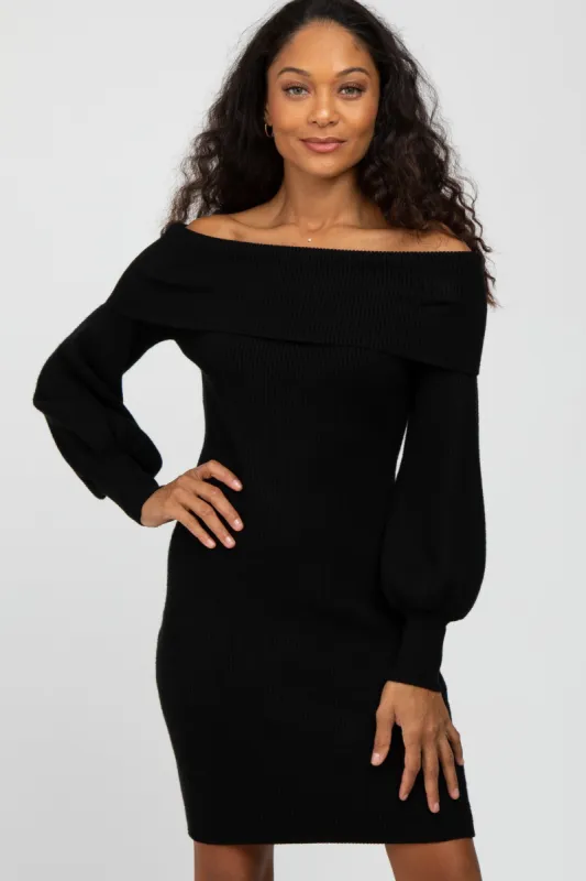 Black Off Shoulder Bubble Sleeve Sweater Dress sold by Pinkblush