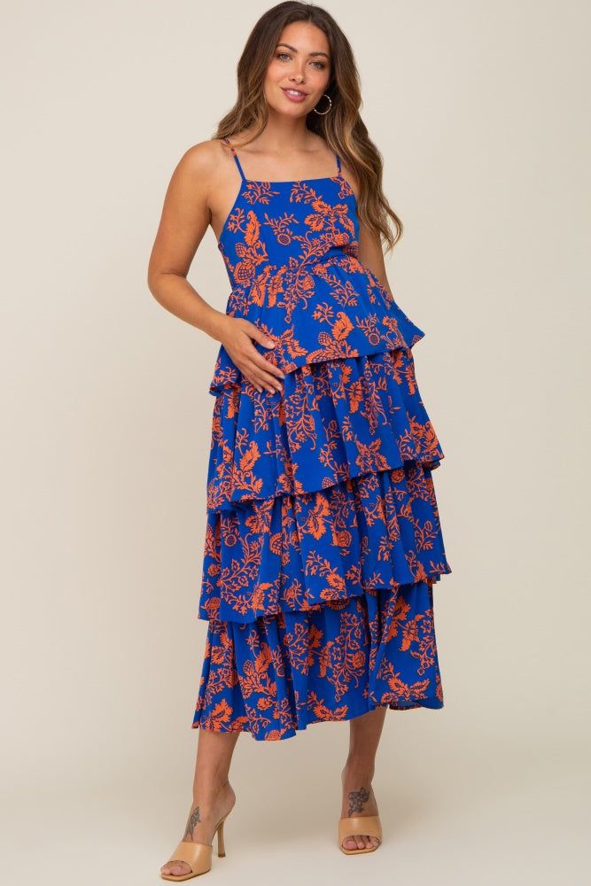 Royal Blue Floral Ruffle Tiered Maternity Maxi Dress sold by Pinkblush product image thumbnail 4