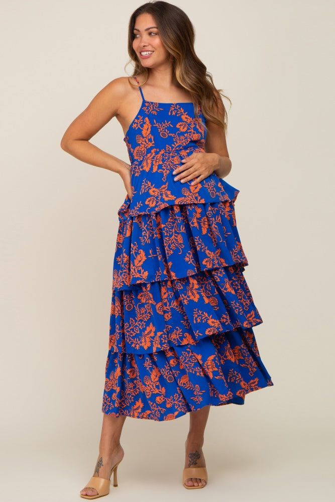 Royal Blue Floral Ruffle Tiered Maternity Maxi Dress sold by Pinkblush