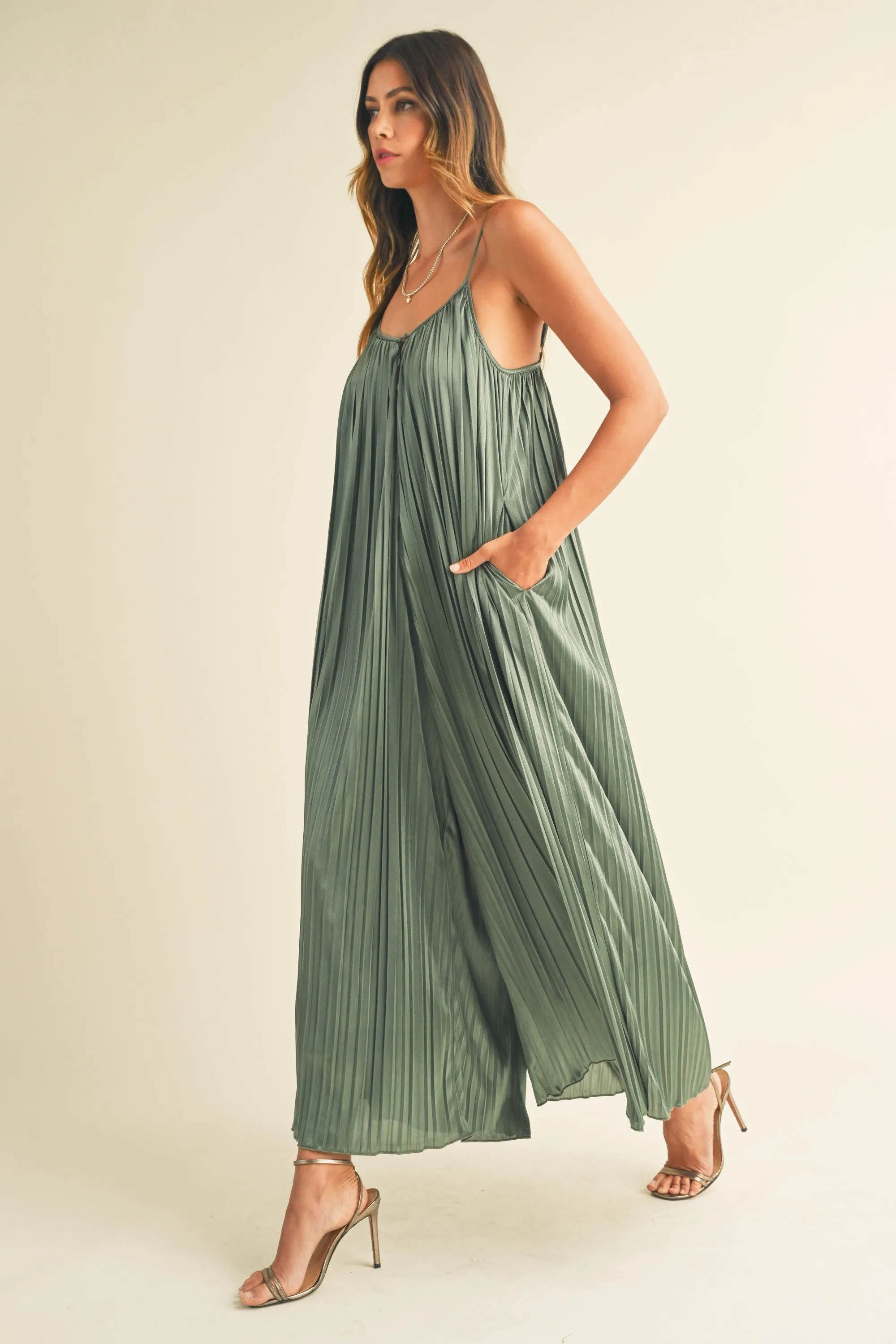 Olive Pleated Wide Leg Sleeveless Jumpsuit sold by Pinkblush