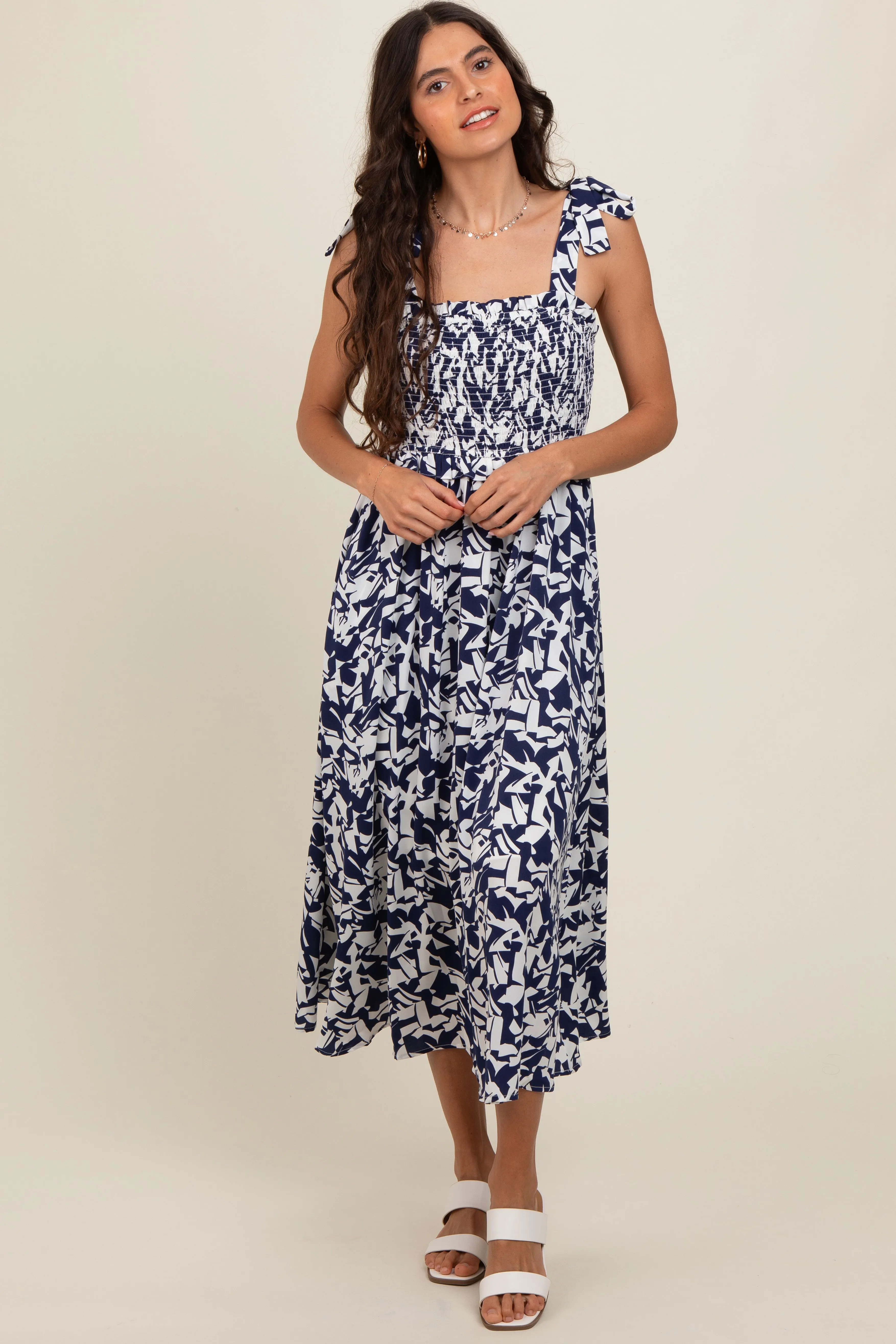 Navy Printed Smocked Shoulder Tie Midi Dress sold by Pinkblush product image thumbnail 2