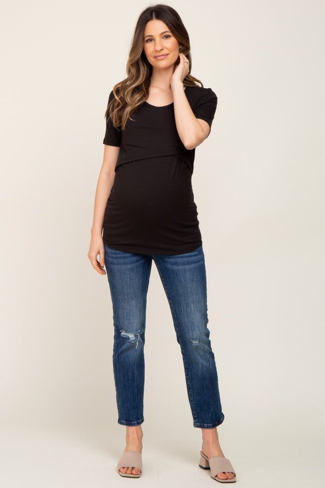 Black Ribbed Wrap Front Maternity/Nursing Top sold by Pinkblush product image thumbnail 5