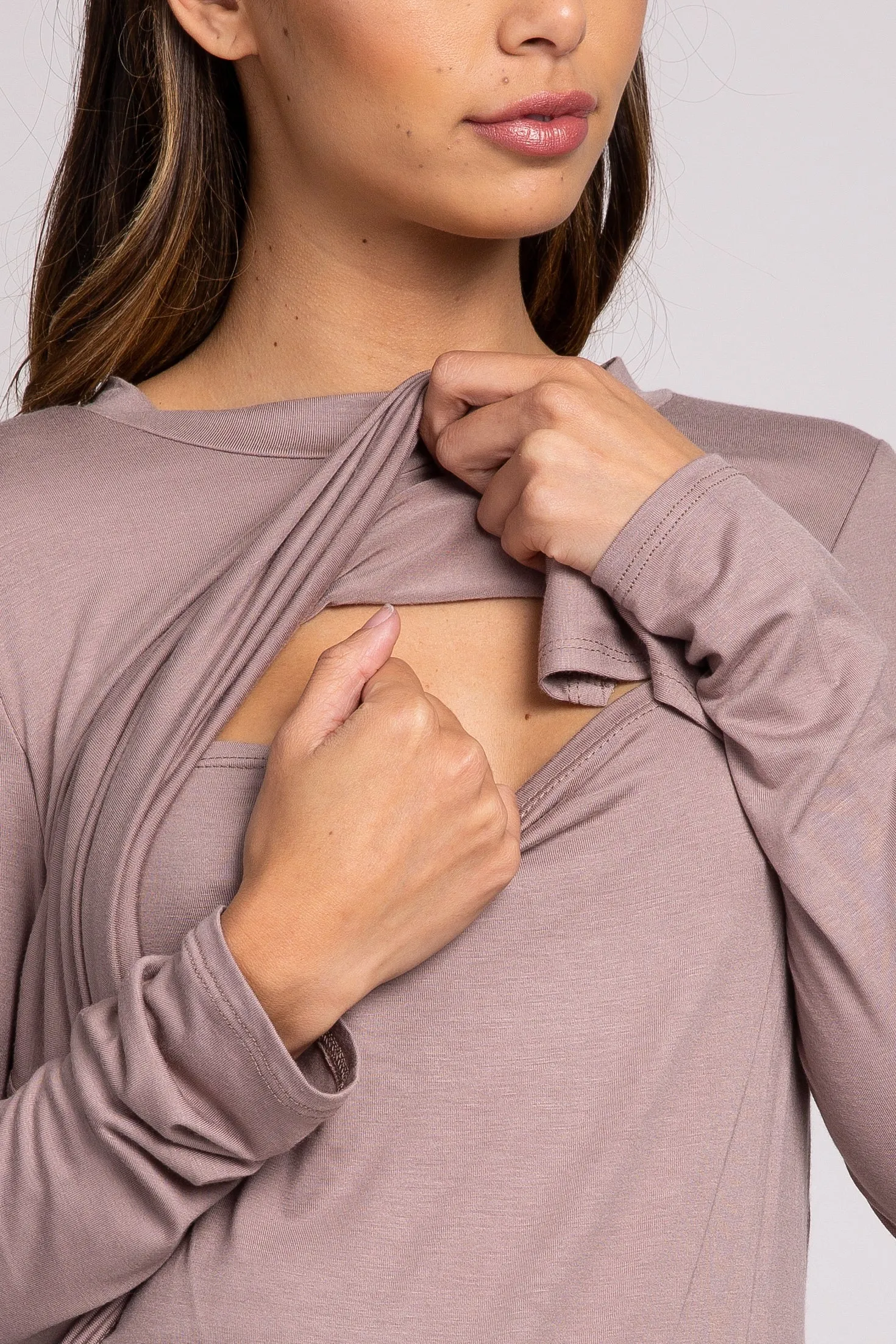PinkBlush Taupe Solid Layered Front Long Sleeve Maternity/Nursing Top sold by Pinkblush product image thumbnail 5