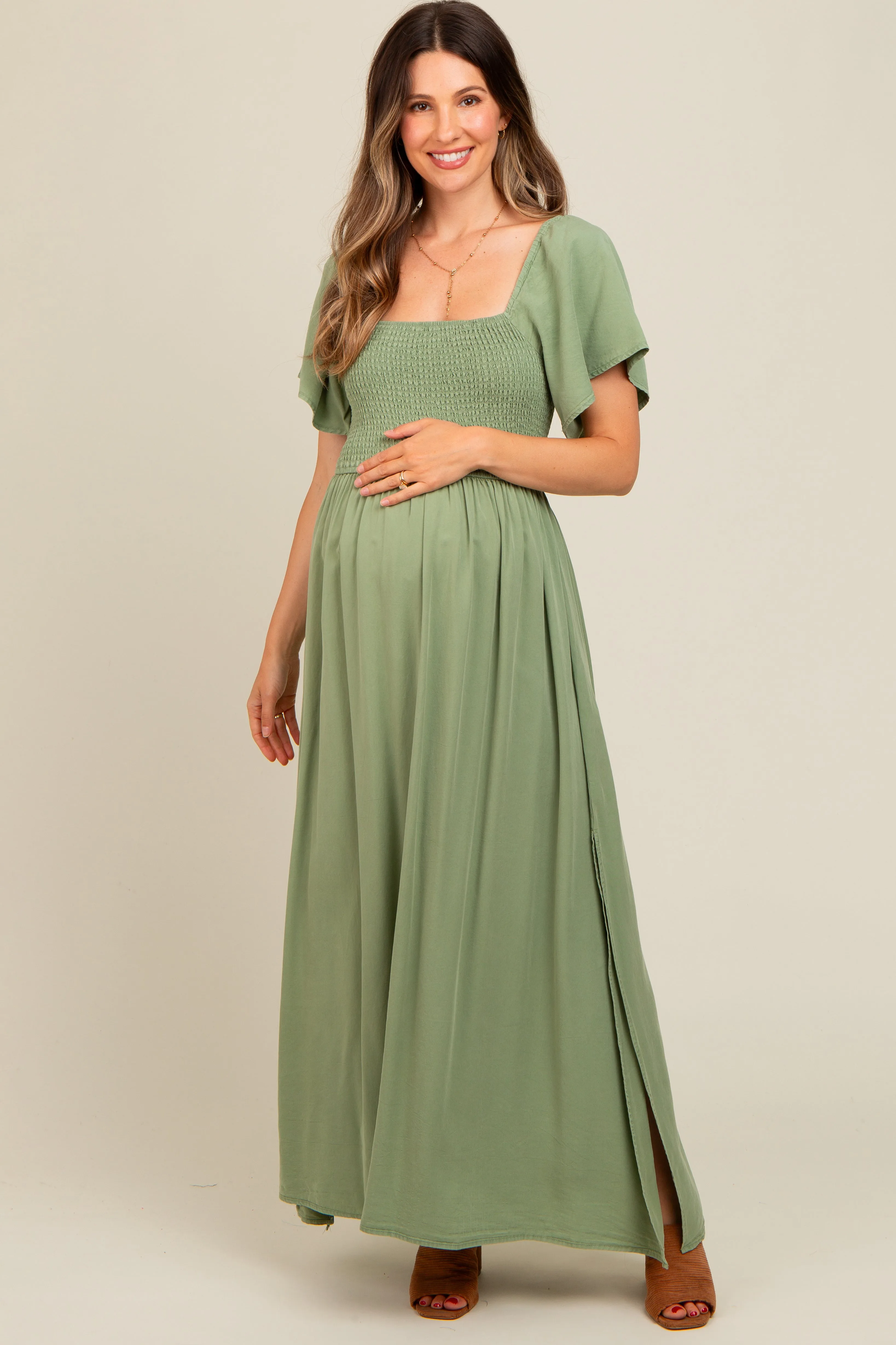 Light Olive Chambray Smocked Maternity Maxi Dress sold by Pinkblush