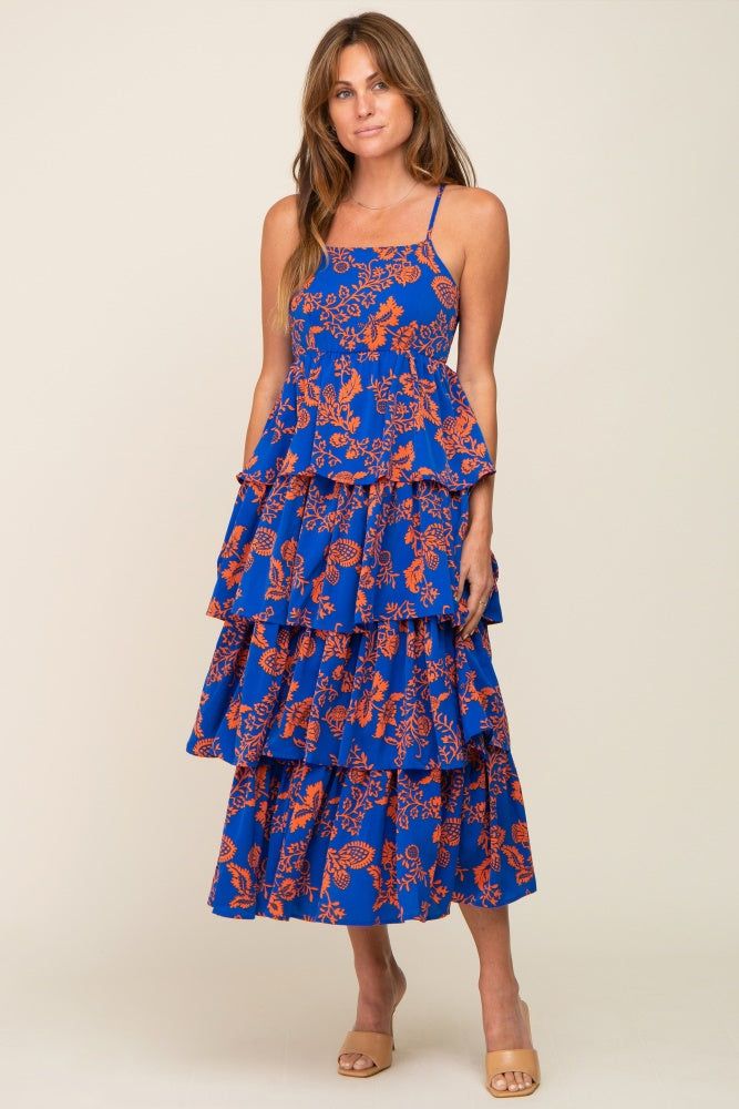 Royal Blue Floral Ruffle Tiered Maternity Maxi Dress sold by Pinkblush product image thumbnail 5