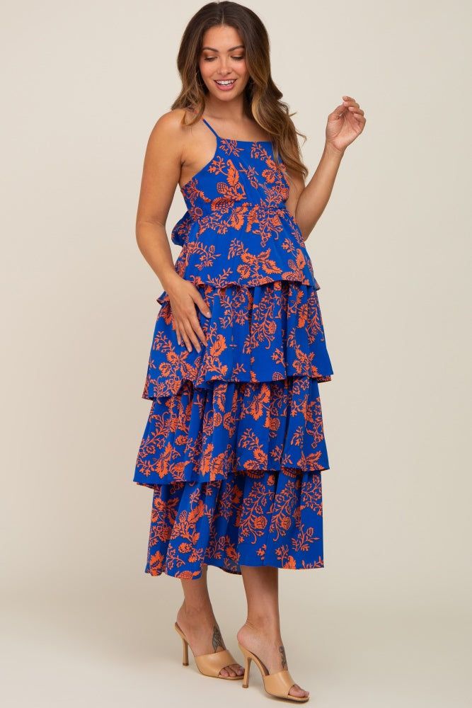 Royal Blue Floral Ruffle Tiered Maternity Maxi Dress sold by Pinkblush product image thumbnail 2