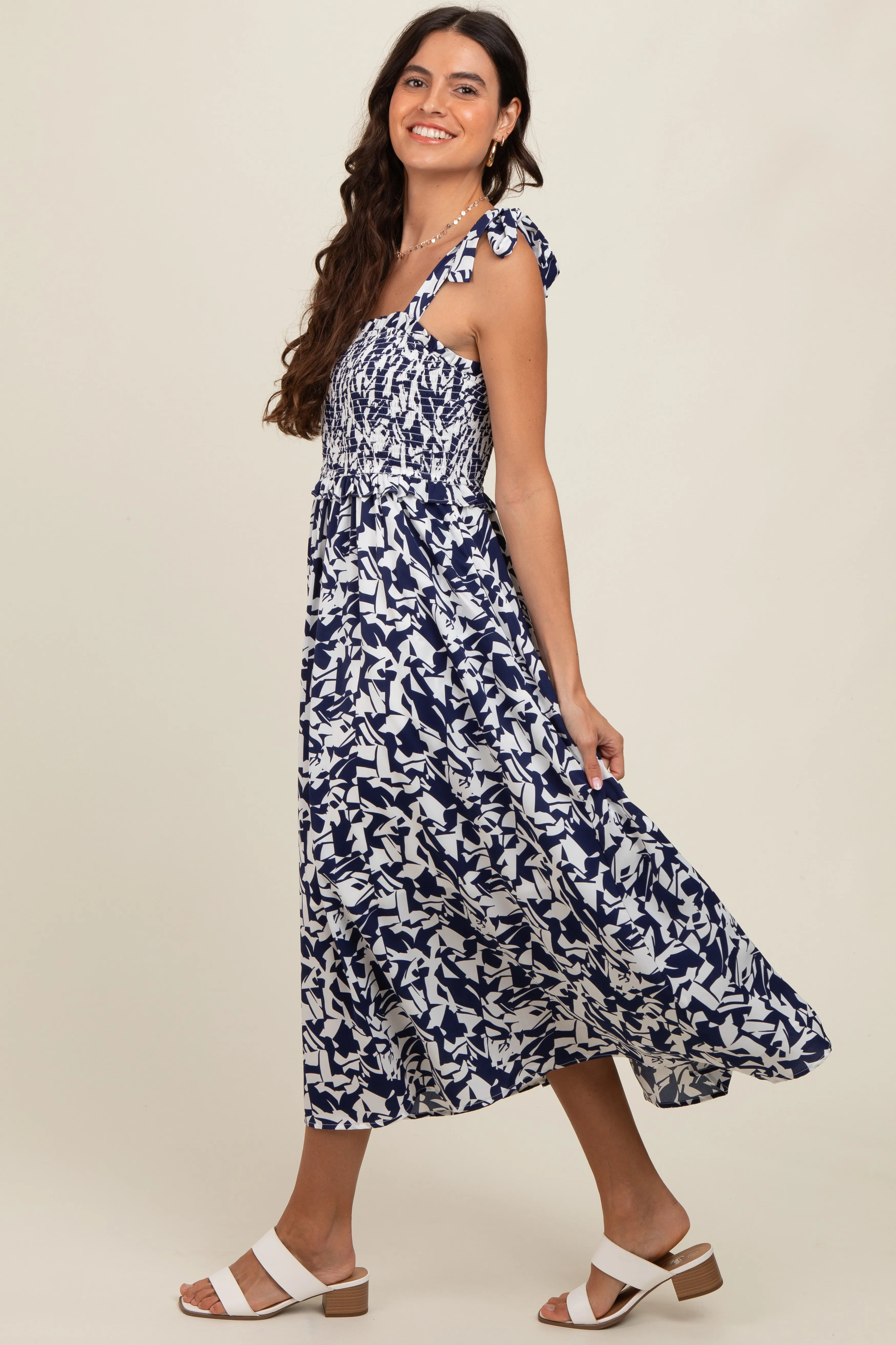 Navy Printed Smocked Shoulder Tie Midi Dress sold by Pinkblush product image thumbnail 3