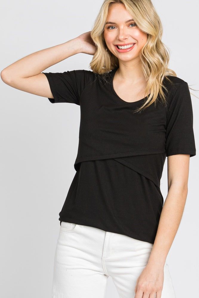 Black Ribbed Wrap Front Maternity/Nursing Top sold by Pinkblush product image thumbnail 6