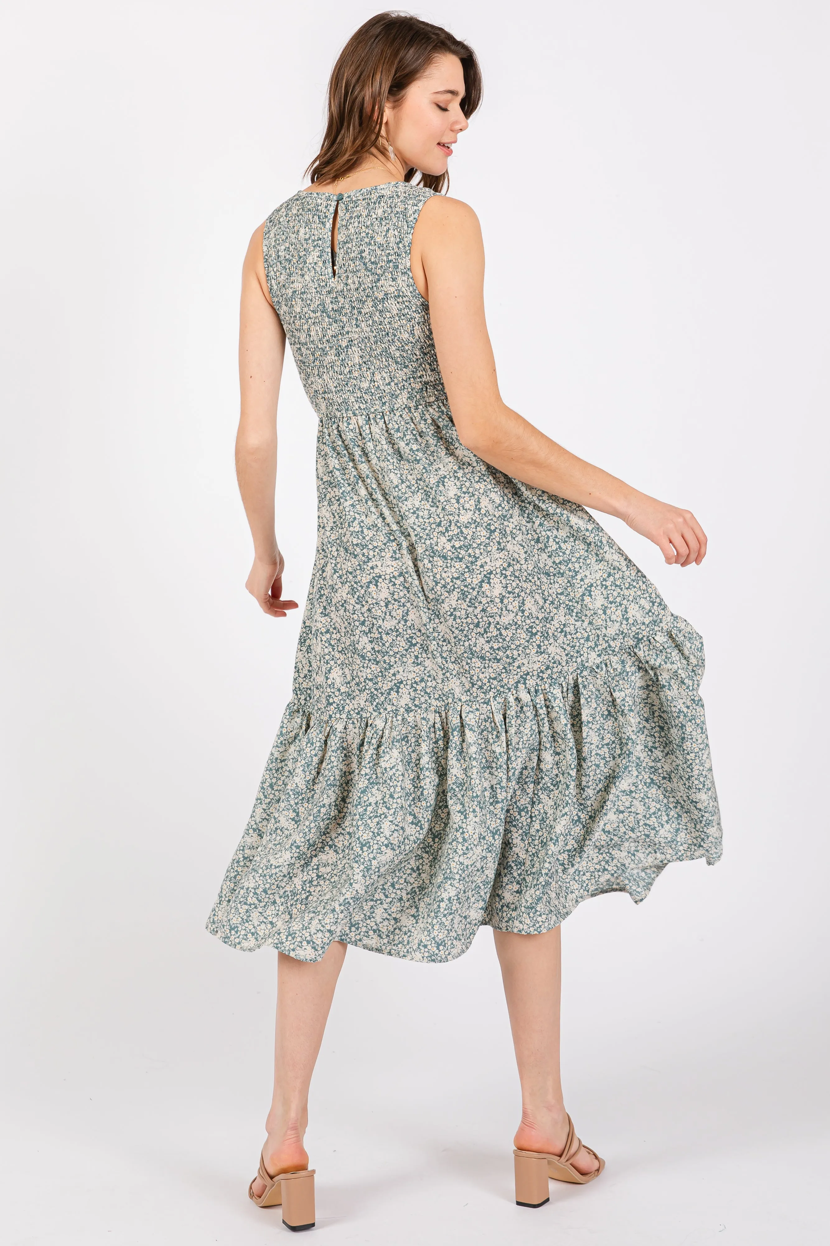 Teal Floral Smocked Ruffle Hem Sleeveless Midi Dress sold by Pinkblush product image thumbnail 4