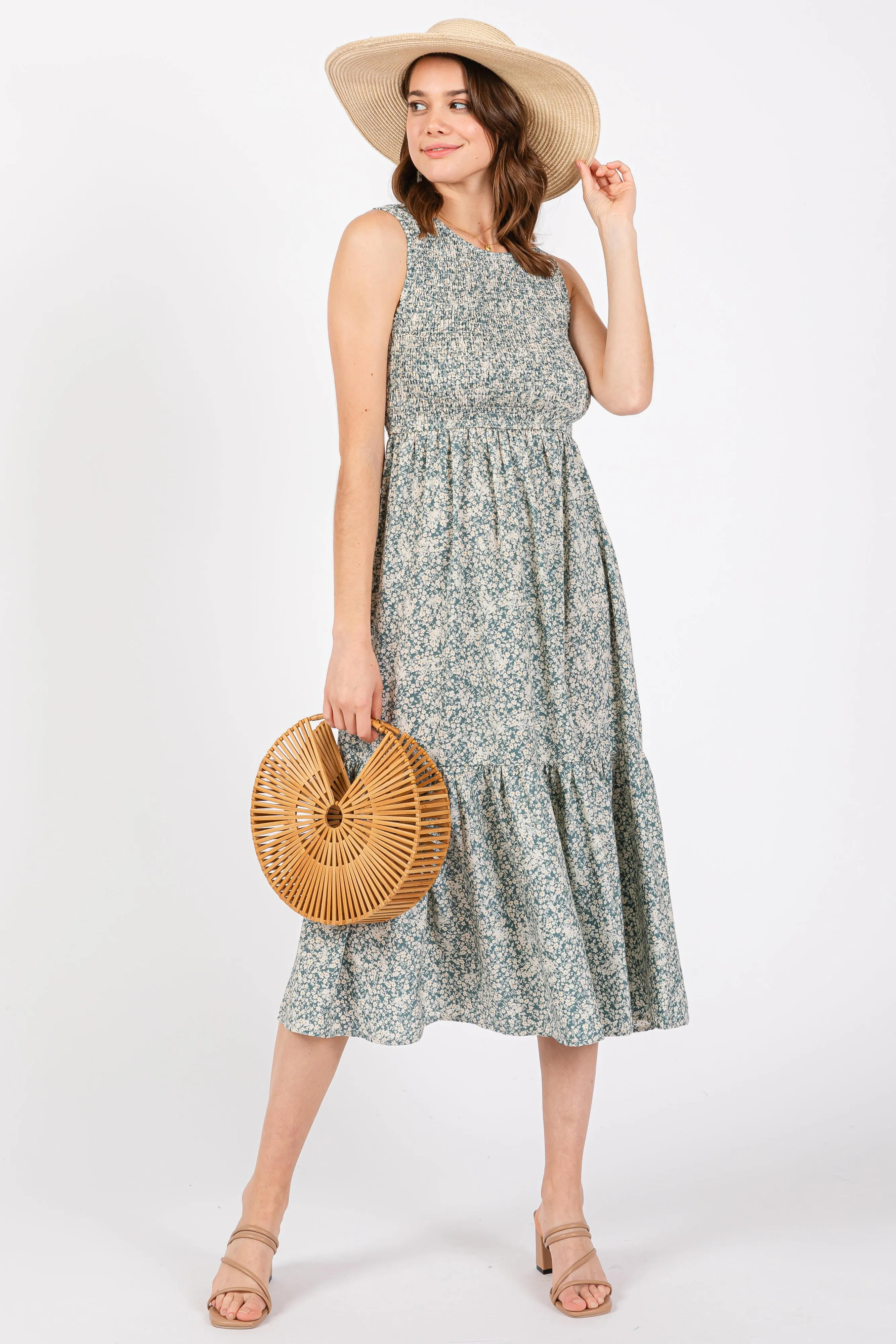 Teal Floral Smocked Ruffle Hem Sleeveless Midi Dress sold by Pinkblush