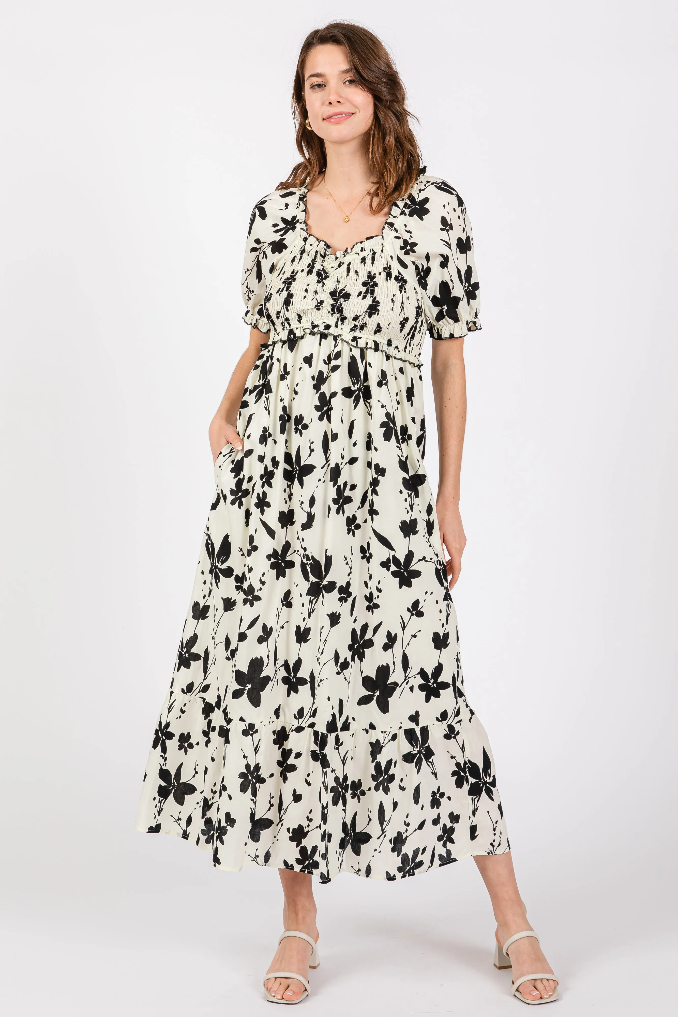 Cream Floral Puff Sleeve Midi Dress sold by Pinkblush