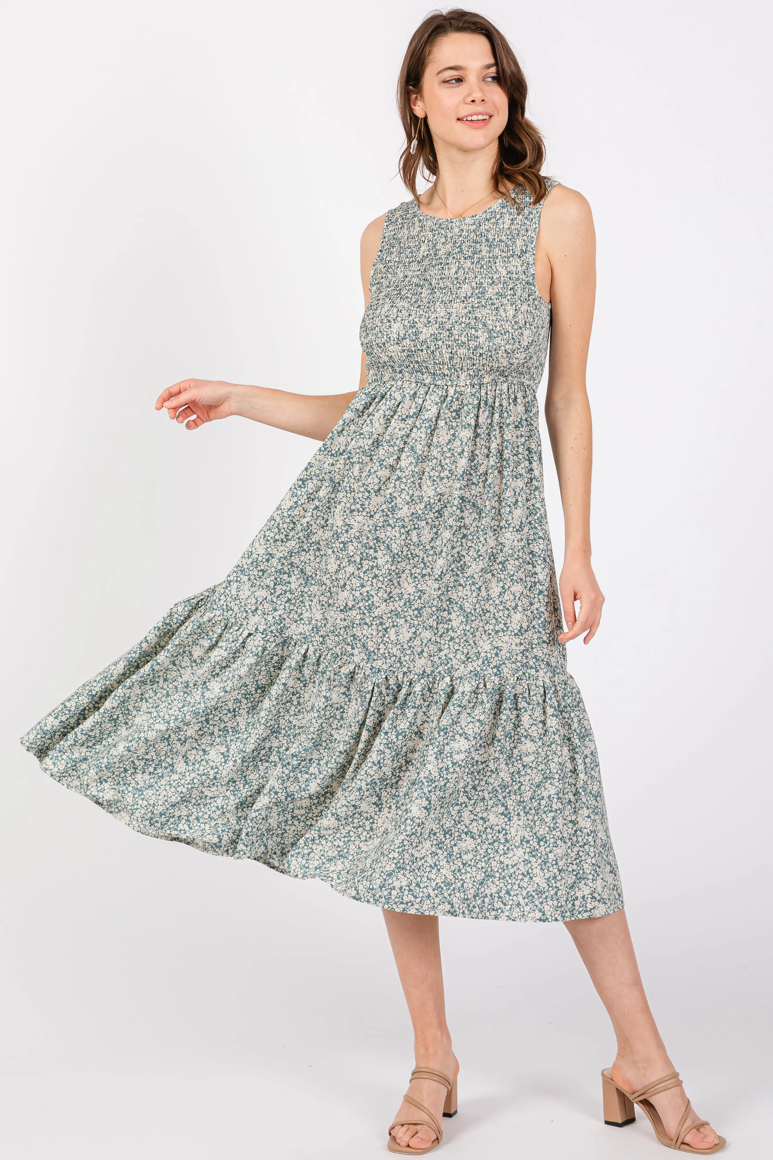 Teal Floral Smocked Ruffle Hem Sleeveless Midi Dress sold by Pinkblush product image thumbnail 2