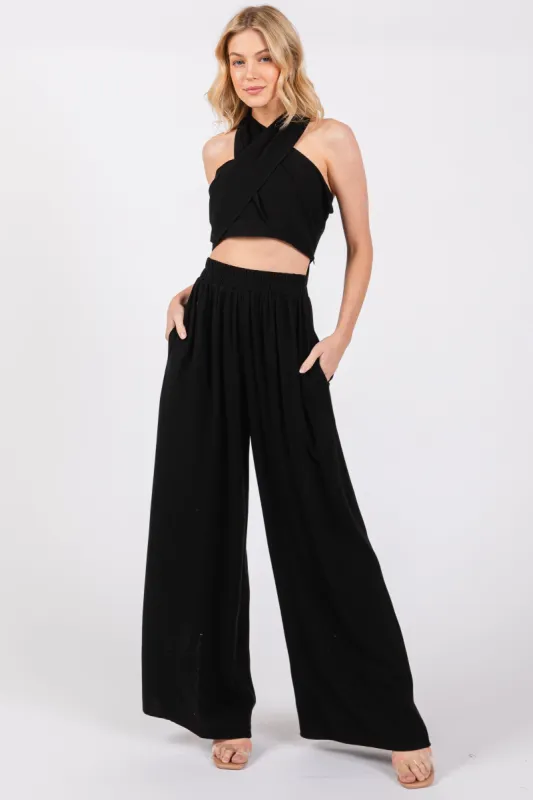 Black Linen Smocked Top and Pants Set sold by Pinkblush