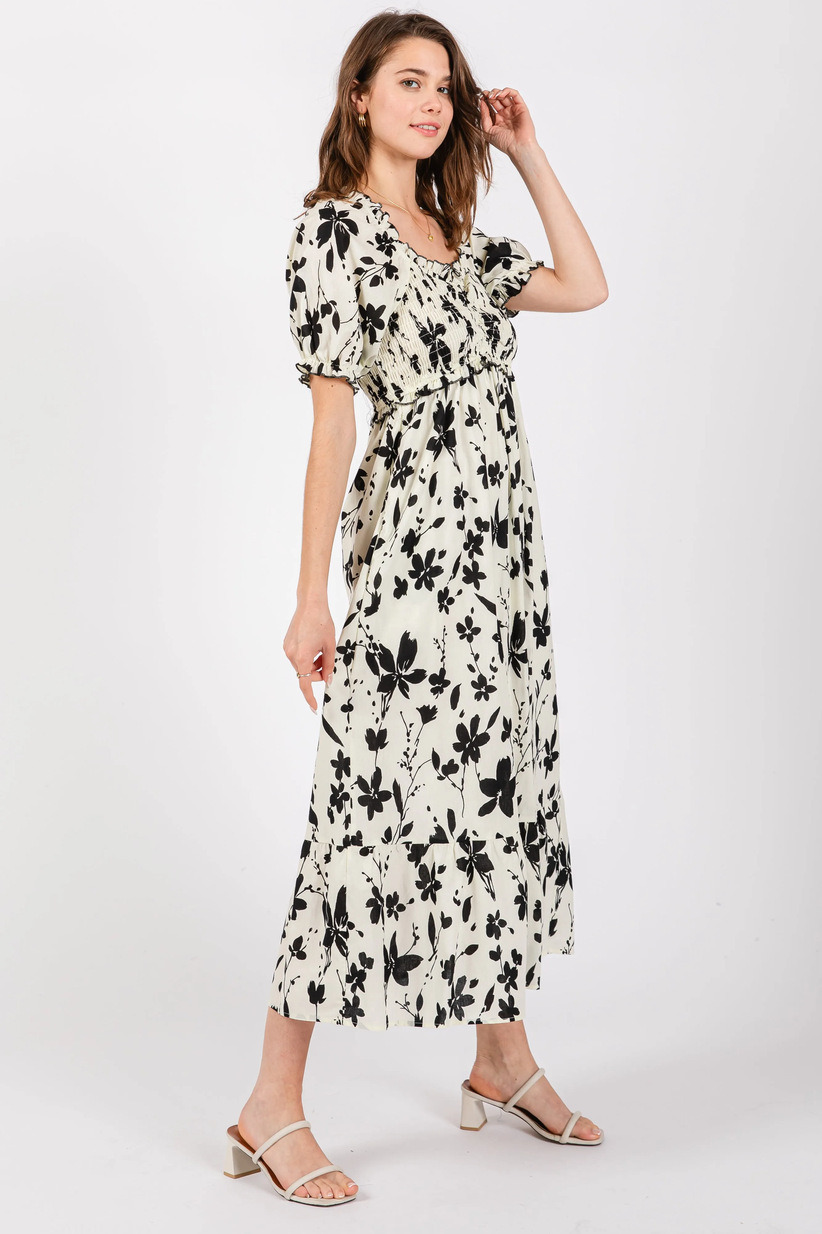 Cream Floral Puff Sleeve Midi Dress sold by Pinkblush product image thumbnail 2
