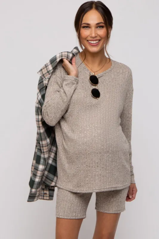 Mocha Ribbed Long Sleeve Maternity Shorts Set sold by Pinkblush