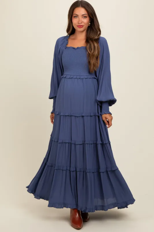 Periwinkle Smocked Long Sleeve Ruffle Tiered Maternity Maxi Dress sold by Pinkblush