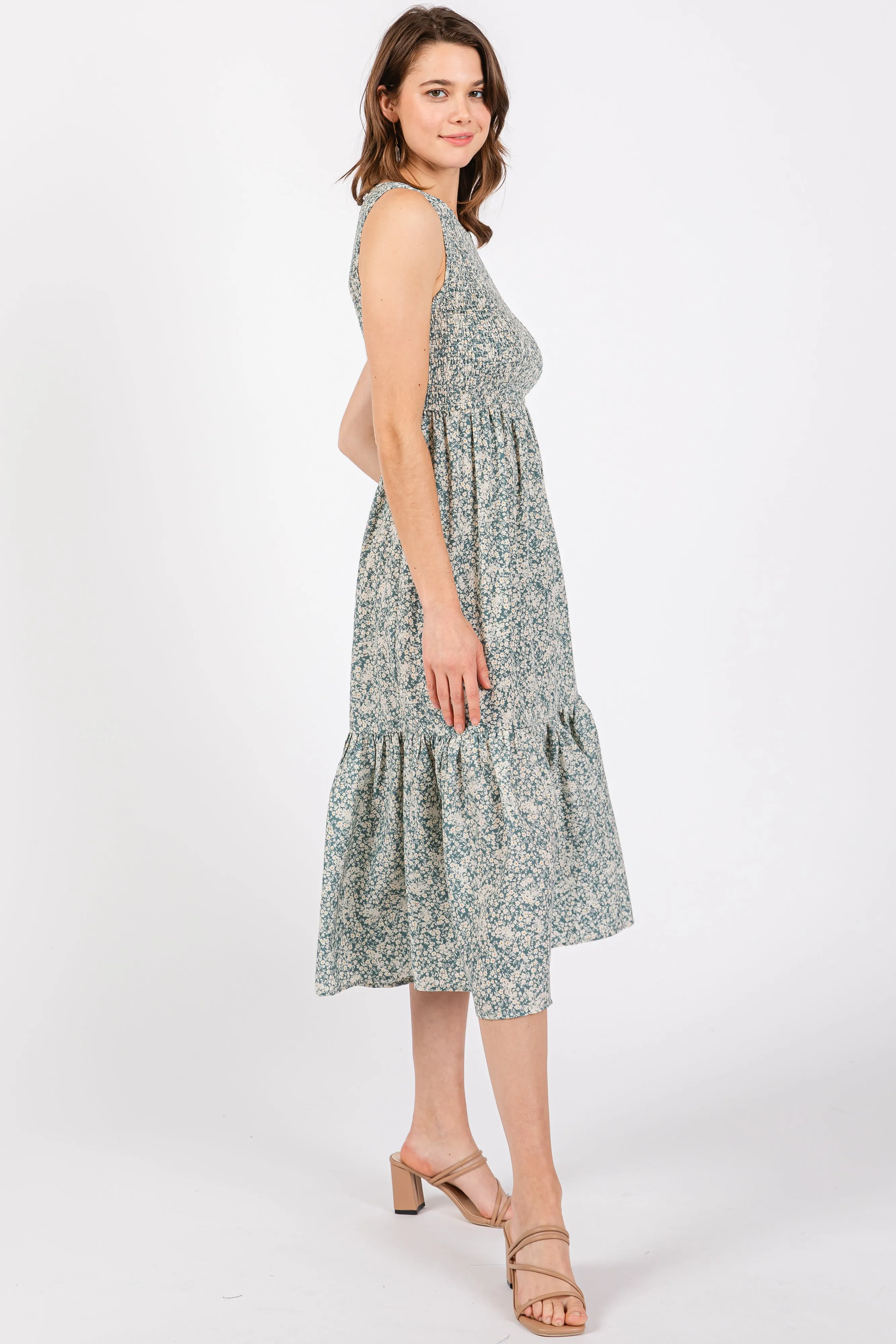 Teal Floral Smocked Ruffle Hem Sleeveless Midi Dress sold by Pinkblush product image thumbnail 3