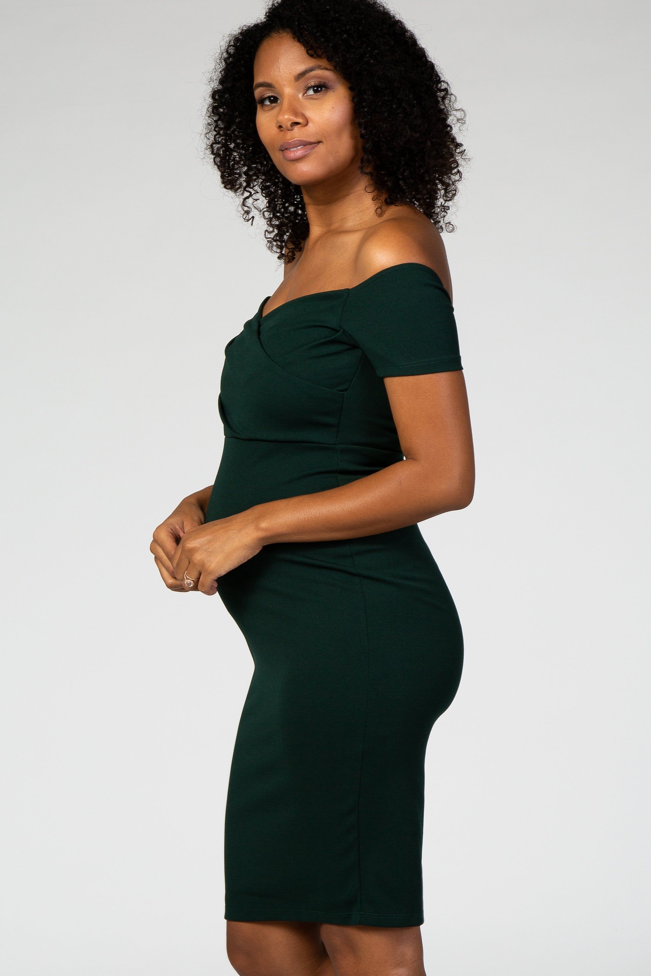 PinkBlush Forest Green Solid Off Shoulder Maternity Fitted Dress sold by Pinkblush product image thumbnail 3