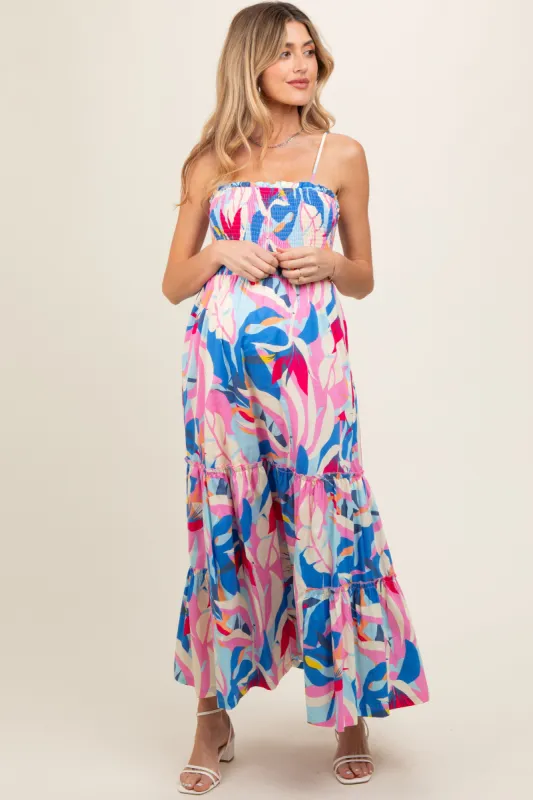 Pink Printed Smocked Bodice Tiered Maternity Maxi Dress sold by Pinkblush