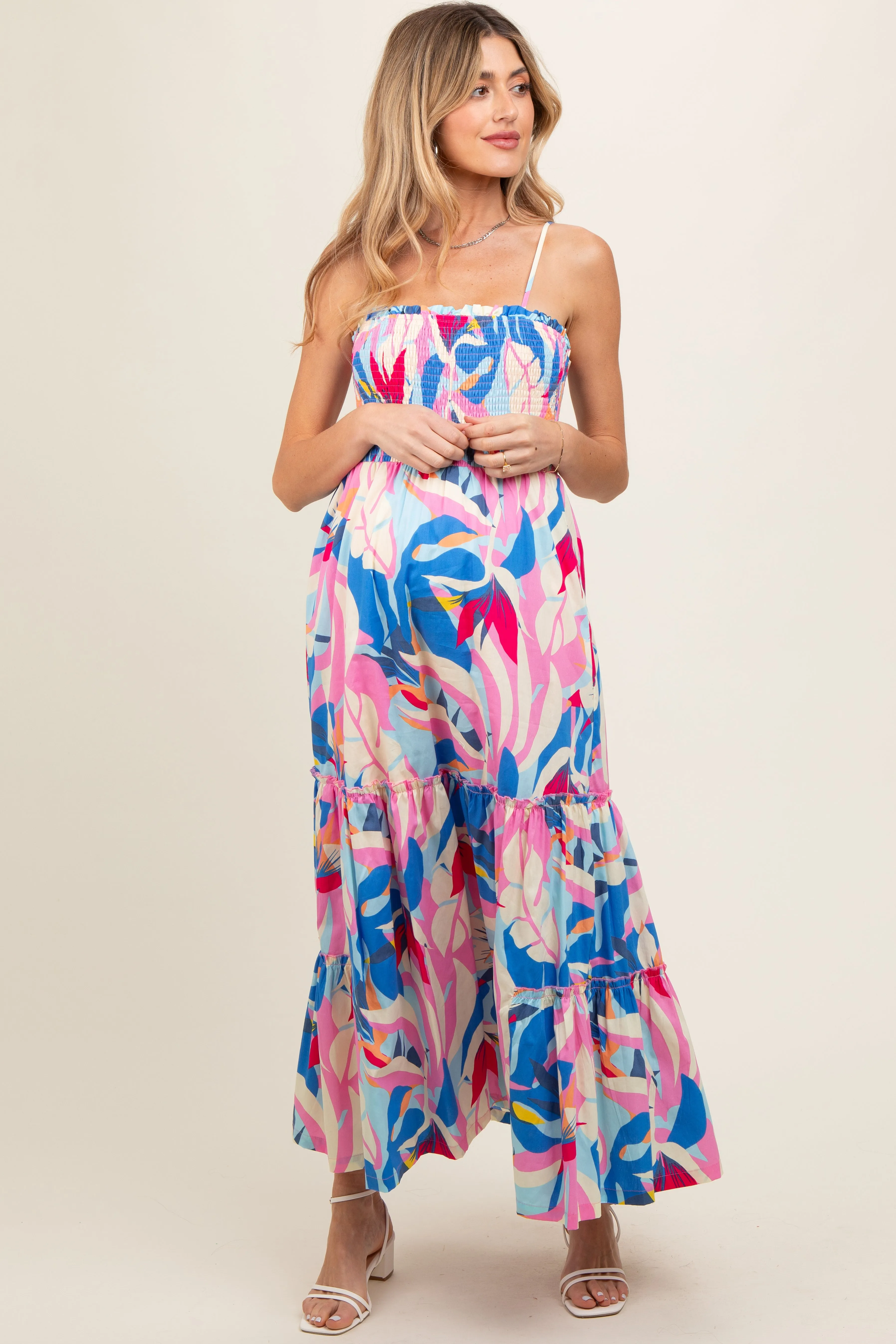 Pink Printed Smocked Bodice Tiered Maternity Maxi Dress sold by Pinkblush
