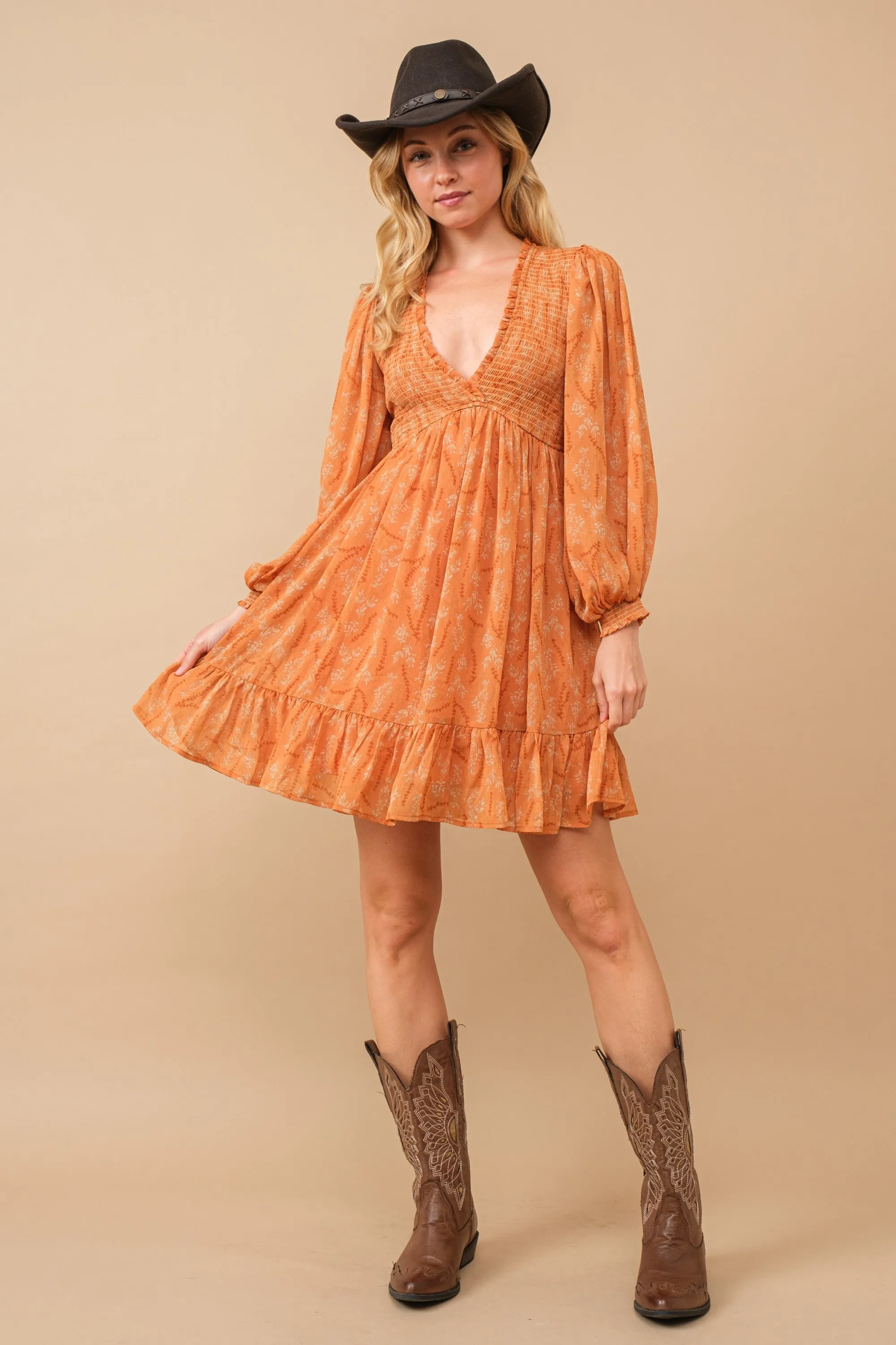 Orange Floral Smocked Long Sleeve Dress sold by Pinkblush