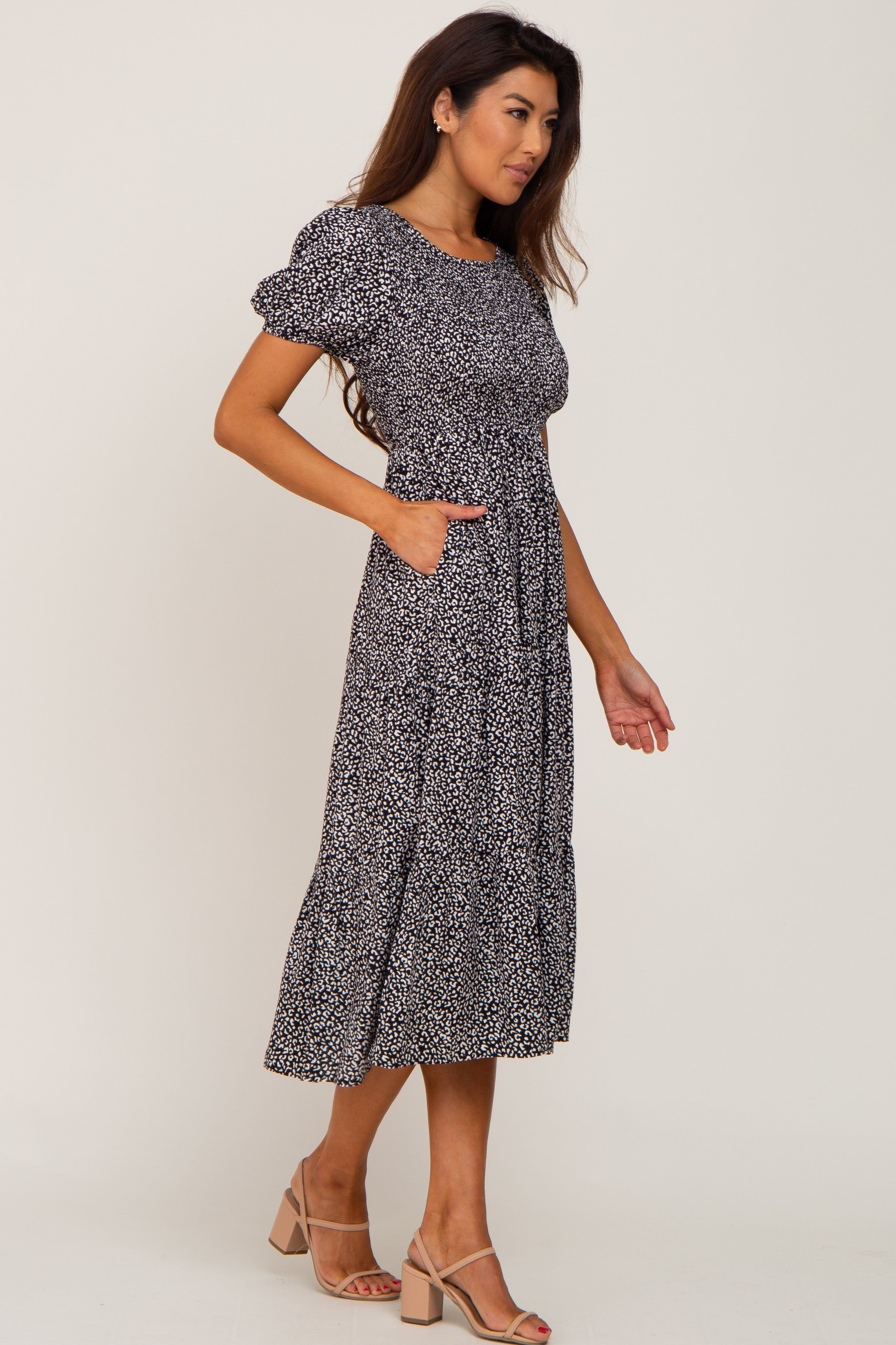 Black Animal Print Smocked Midi Dress sold by Pinkblush product image thumbnail 2