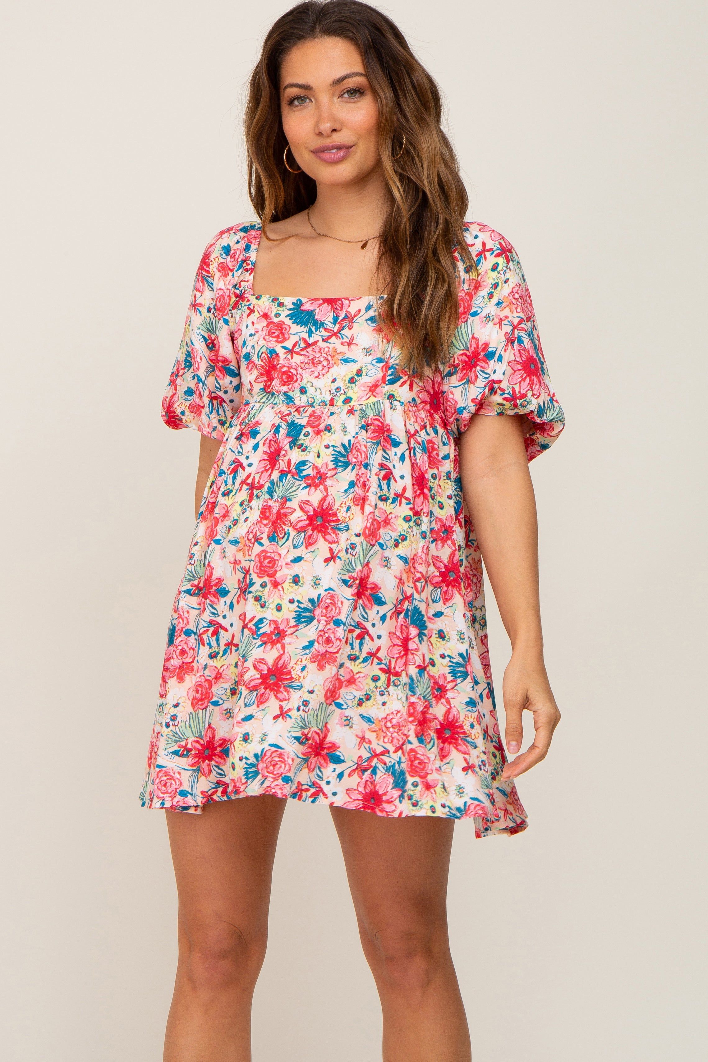 Pink Floral Puff Sleeve Maternity Mini Dress sold by Pinkblush