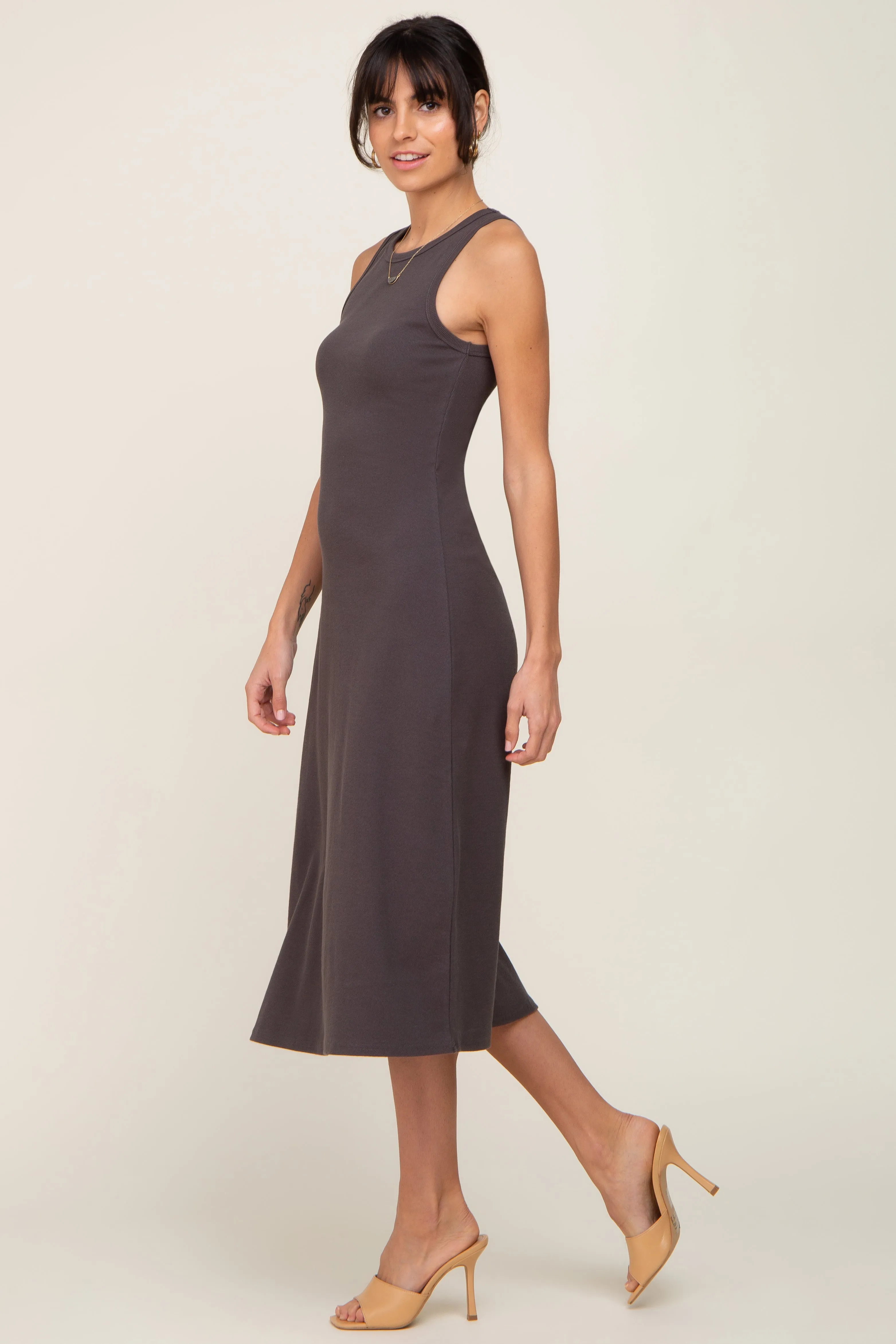 Charcoal Ribbed Sleeveless A-Line Midi Dress sold by Pinkblush product image thumbnail 2