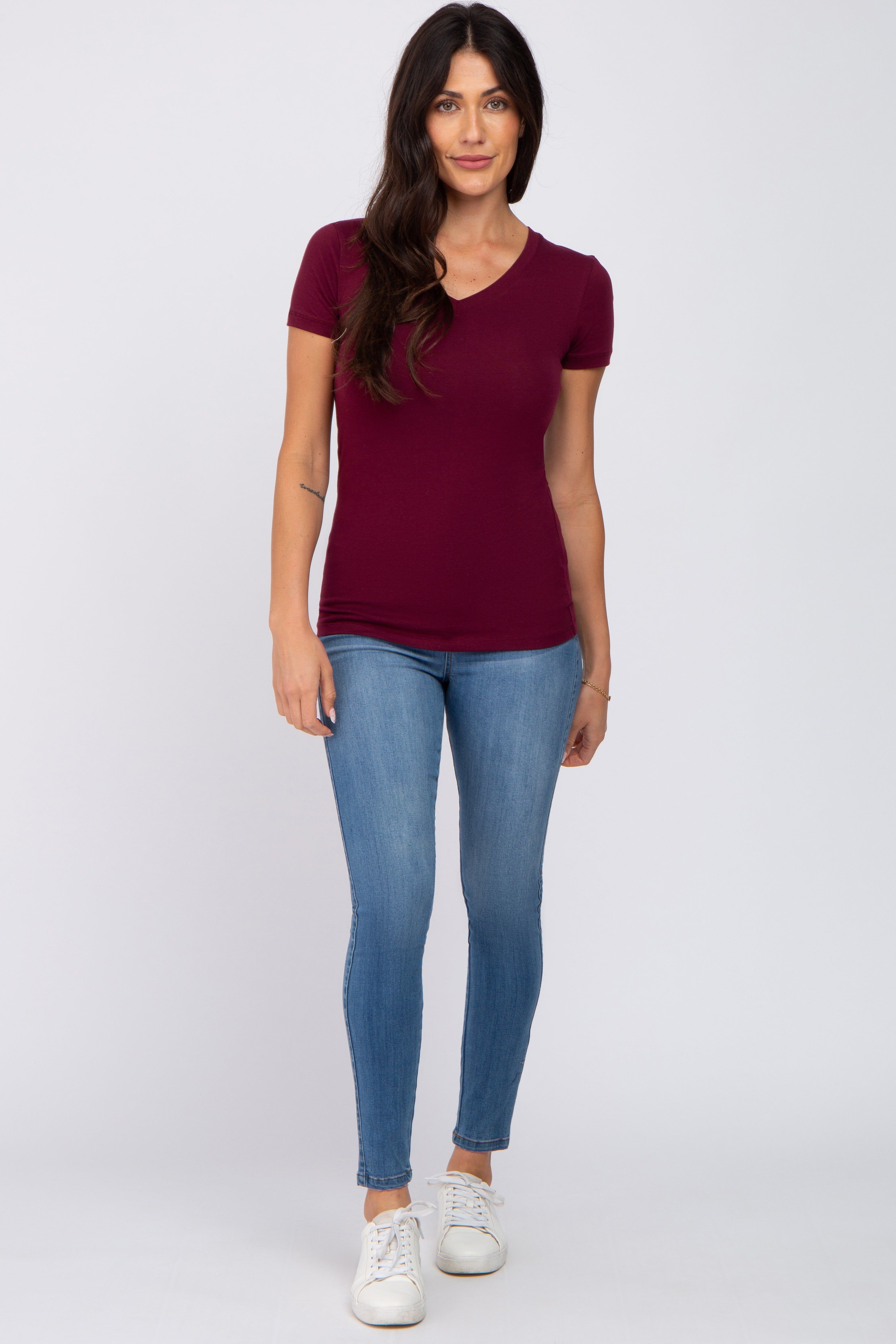 Burgundy V-Neck Short Sleeve Top sold by Pinkblush product image thumbnail 4
