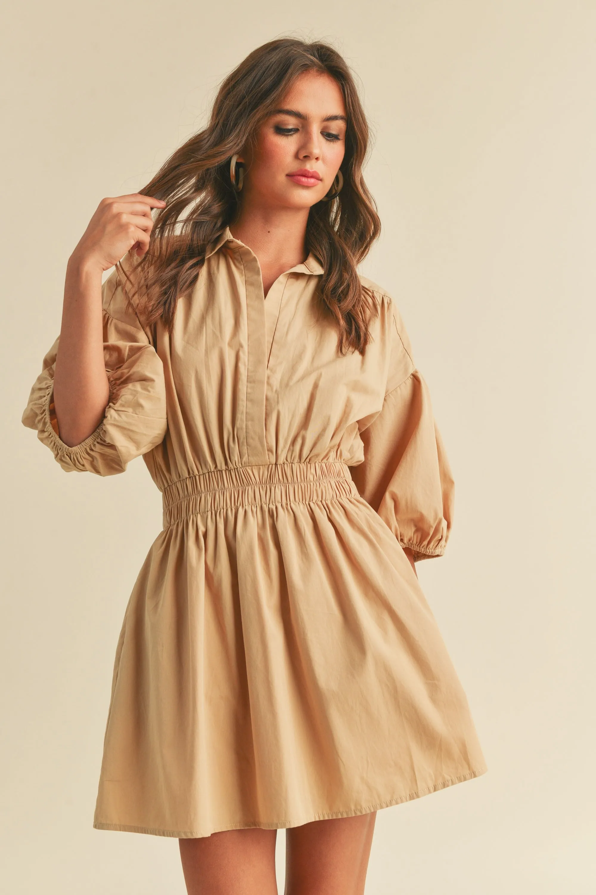 Taupe Elastic Band Waist Shift Dress sold by Pinkblush