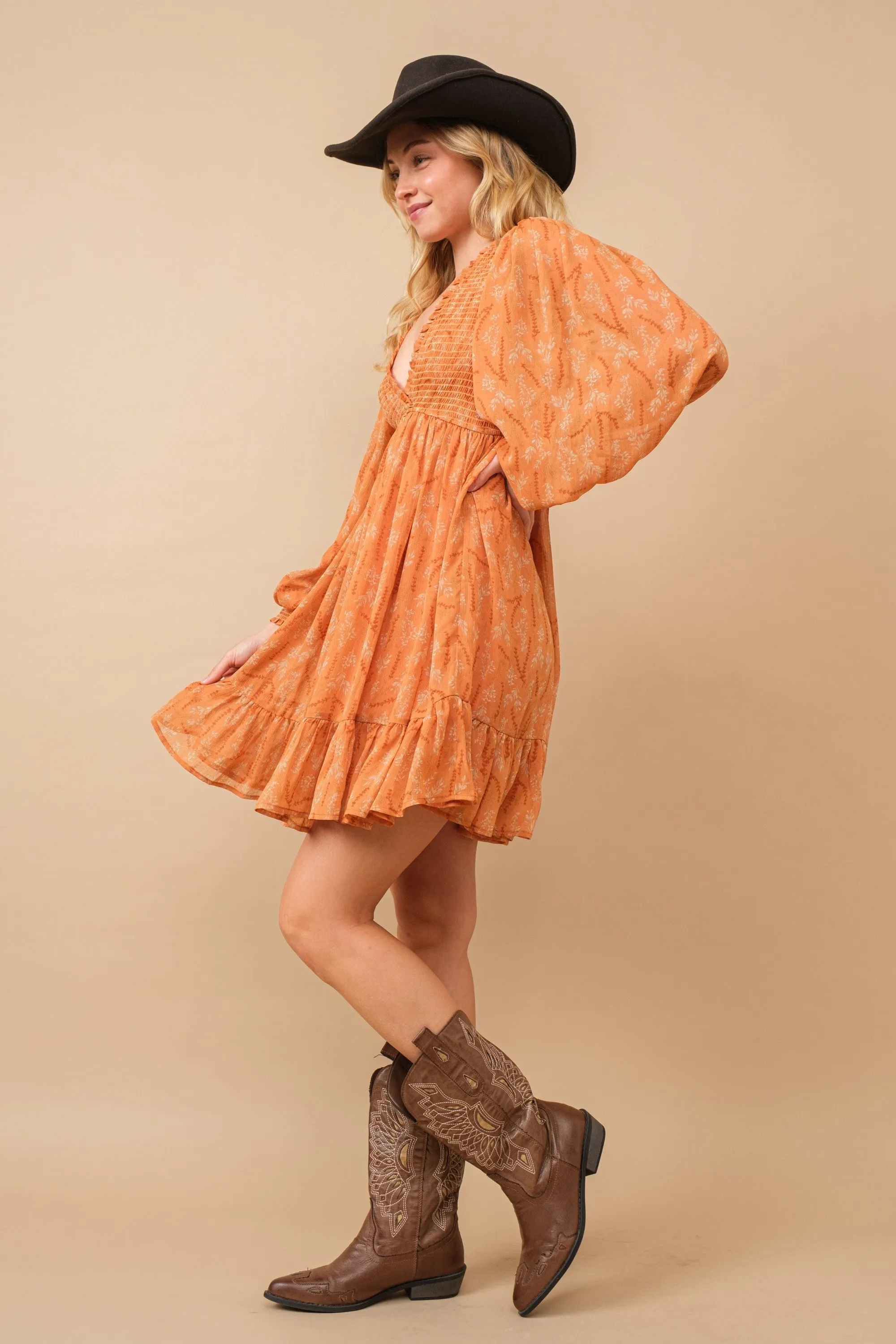 Orange Floral Smocked Long Sleeve Dress sold by Pinkblush product image thumbnail 2