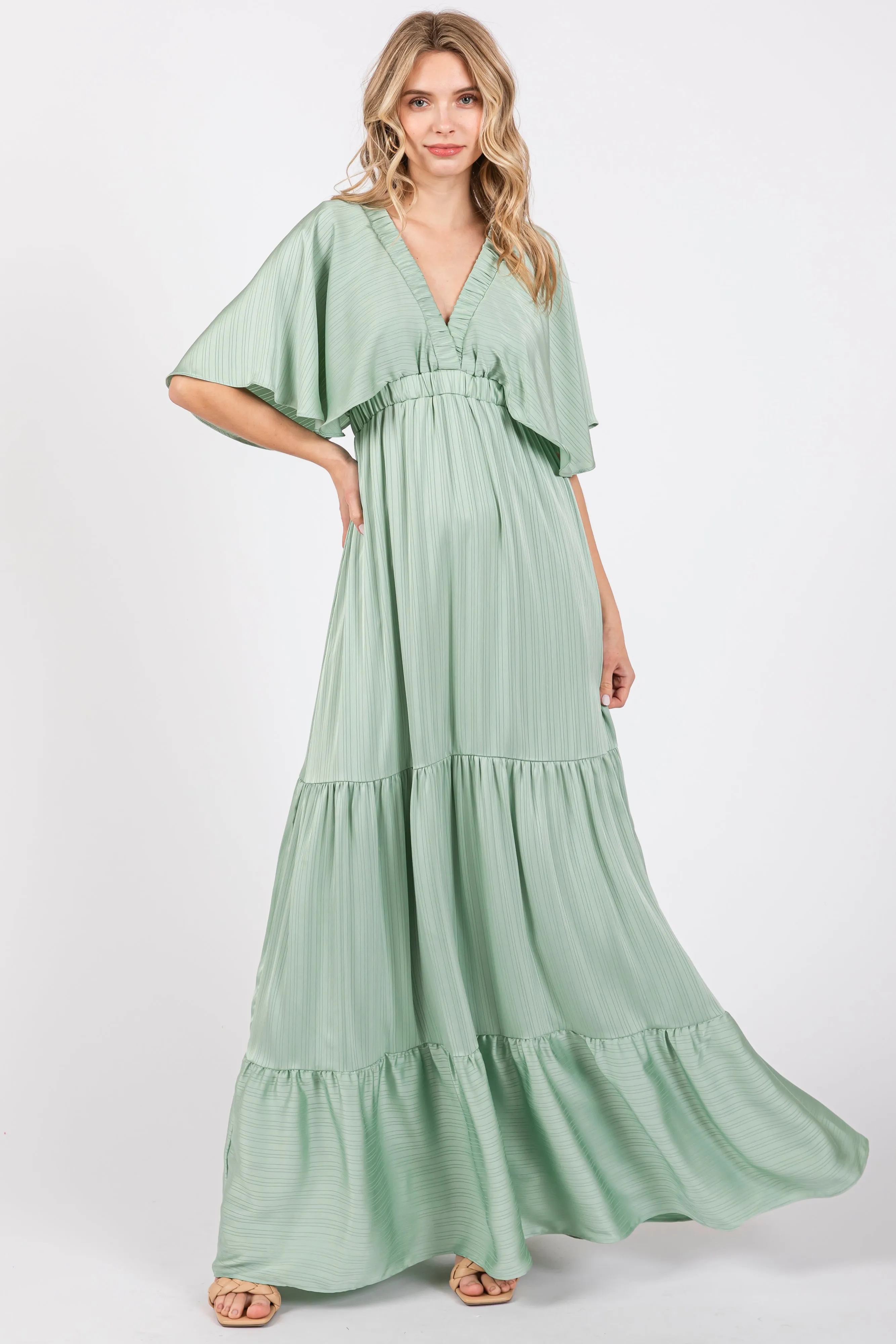 Mint V-Neck Flutter Sleeve Tiered Maxi Dress sold by Pinkblush product image thumbnail 4