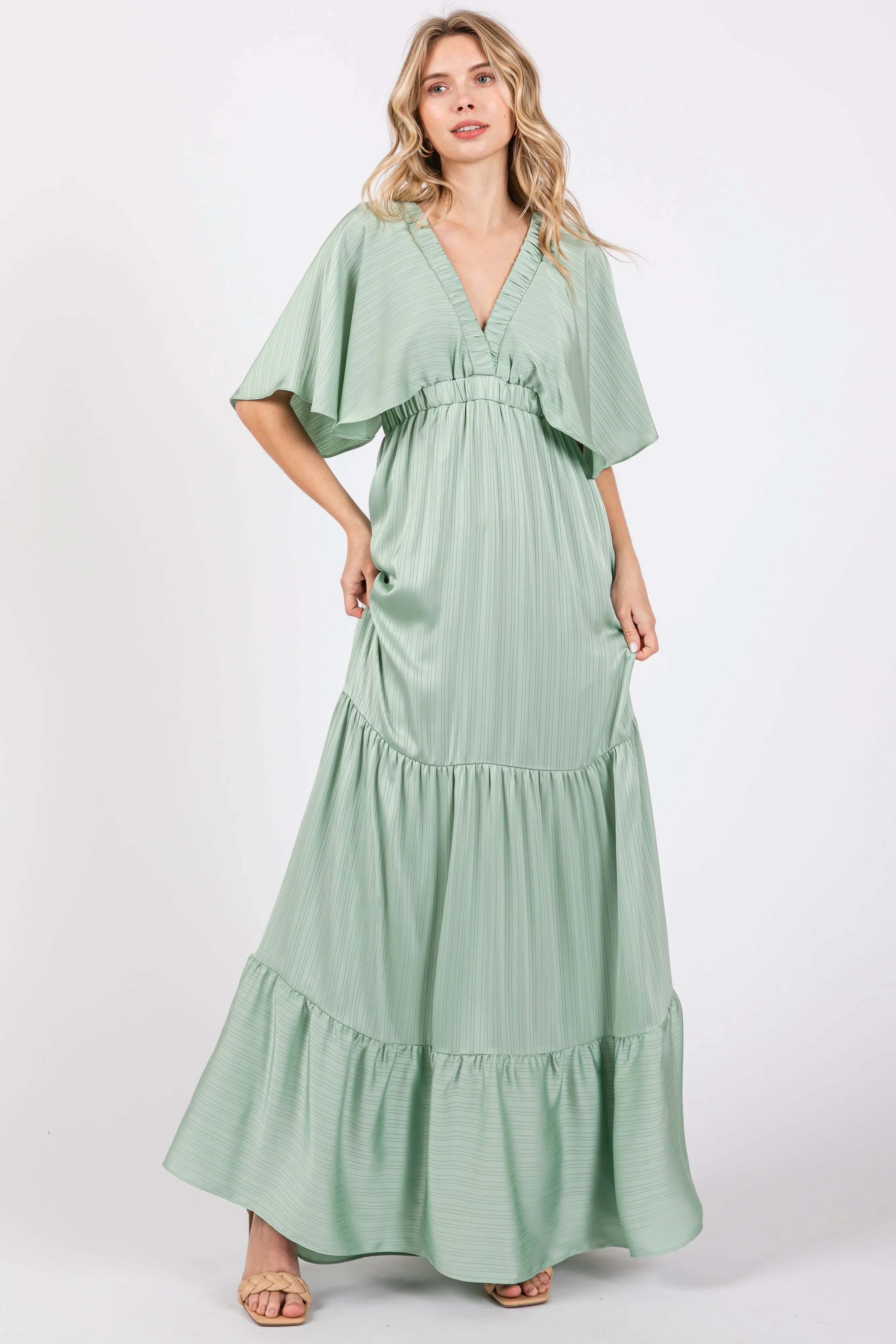 Mint V-Neck Flutter Sleeve Tiered Maxi Dress sold by Pinkblush