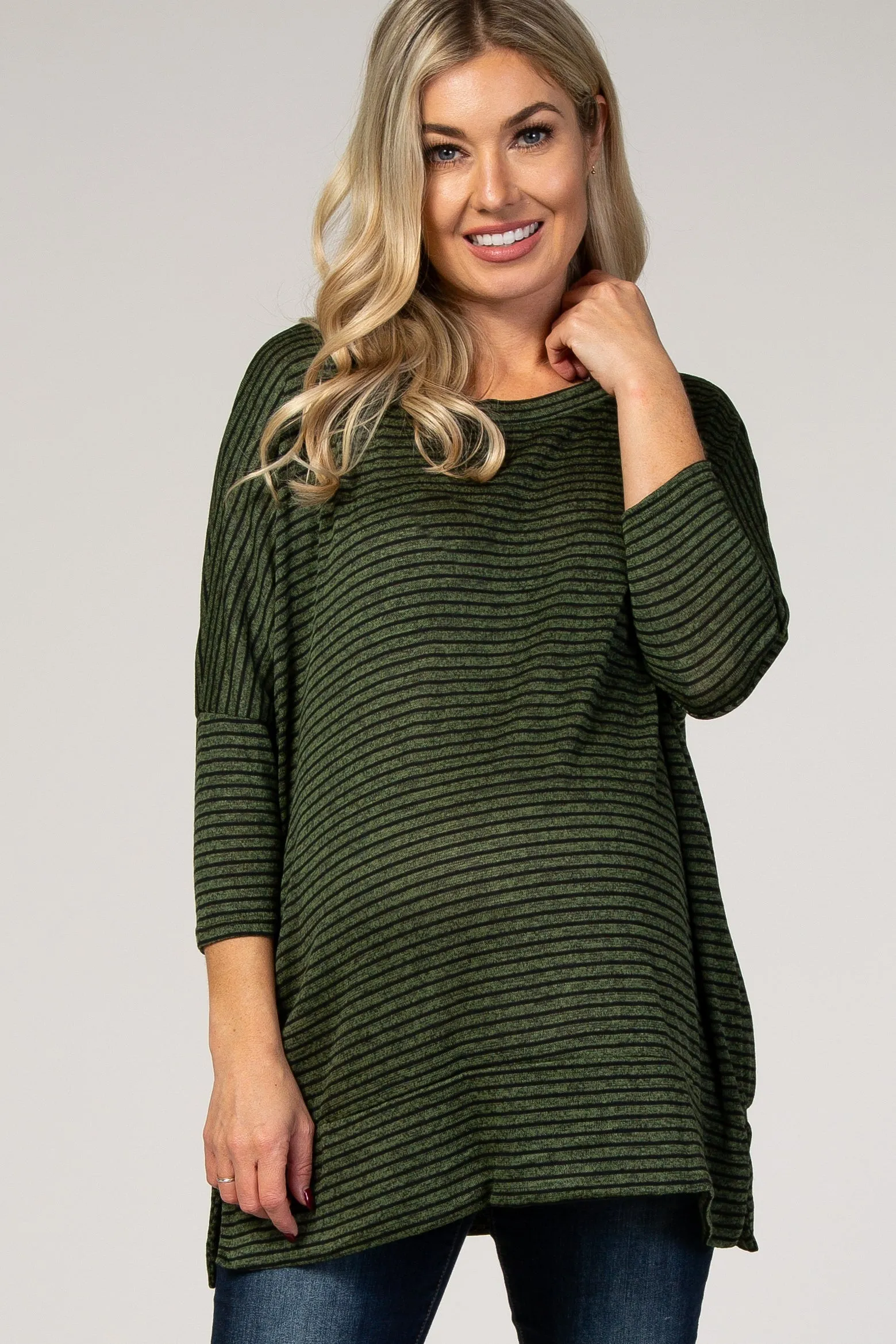 Olive Striped 3/4 Sleeve Maternity Top sold by Pinkblush