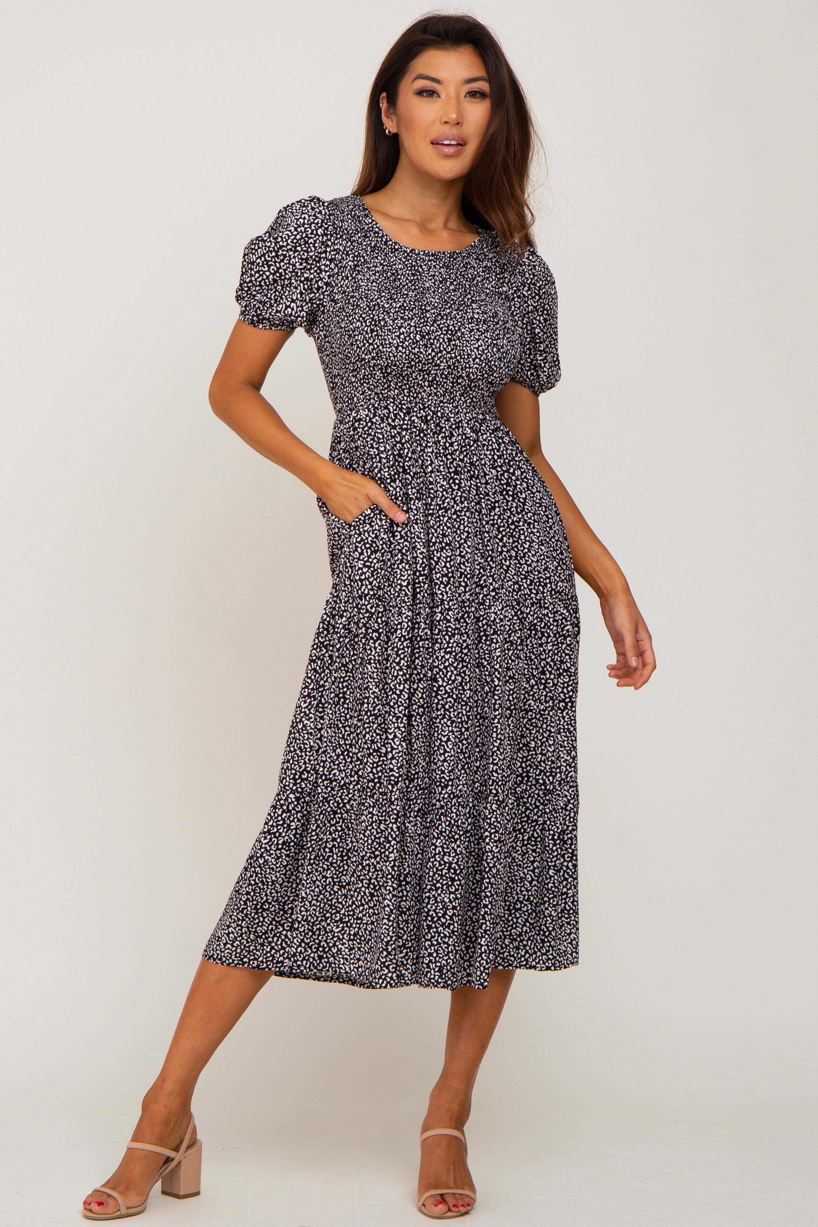 Black Animal Print Smocked Midi Dress sold by Pinkblush