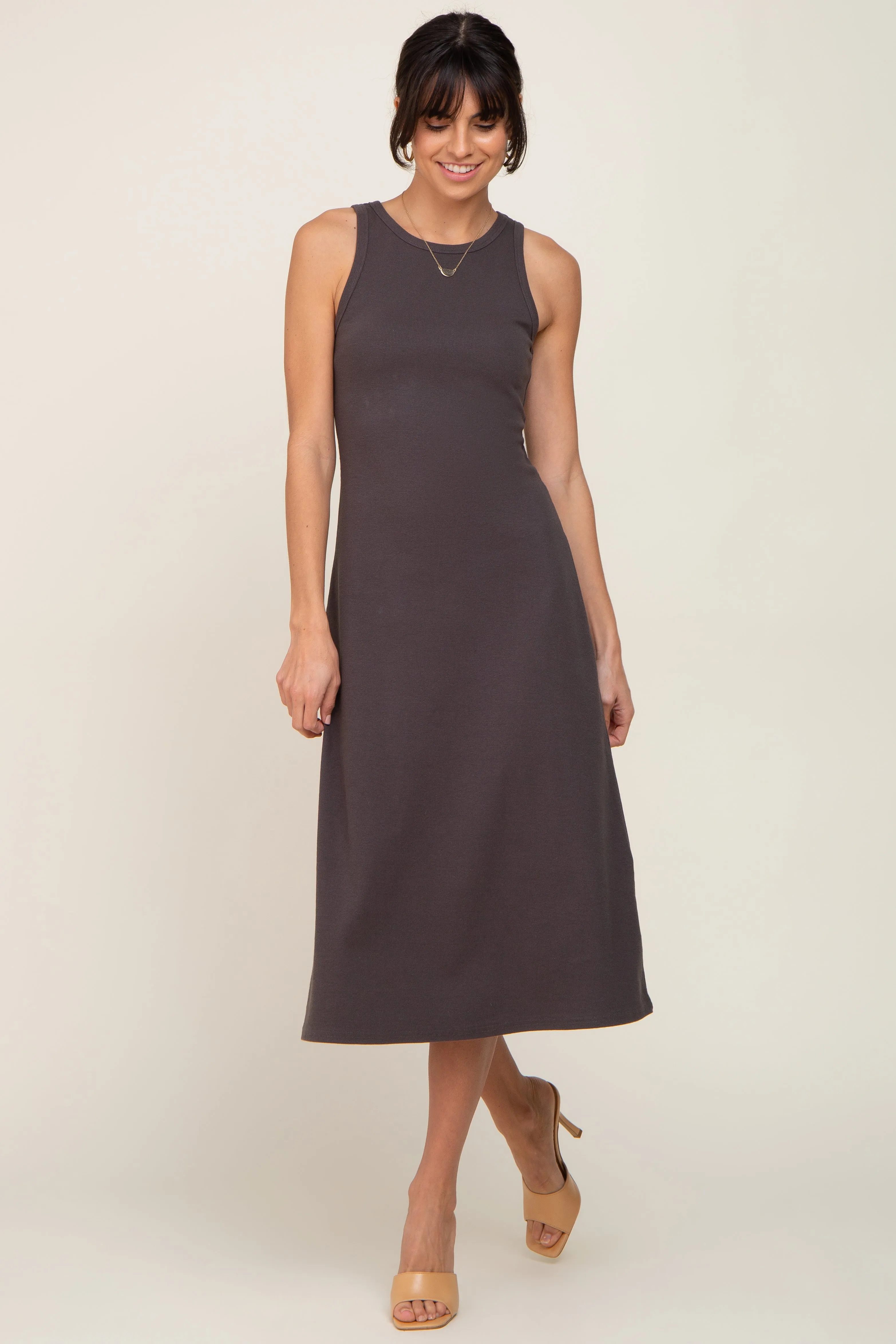 Charcoal Ribbed Sleeveless A-Line Midi Dress sold by Pinkblush product image thumbnail 4