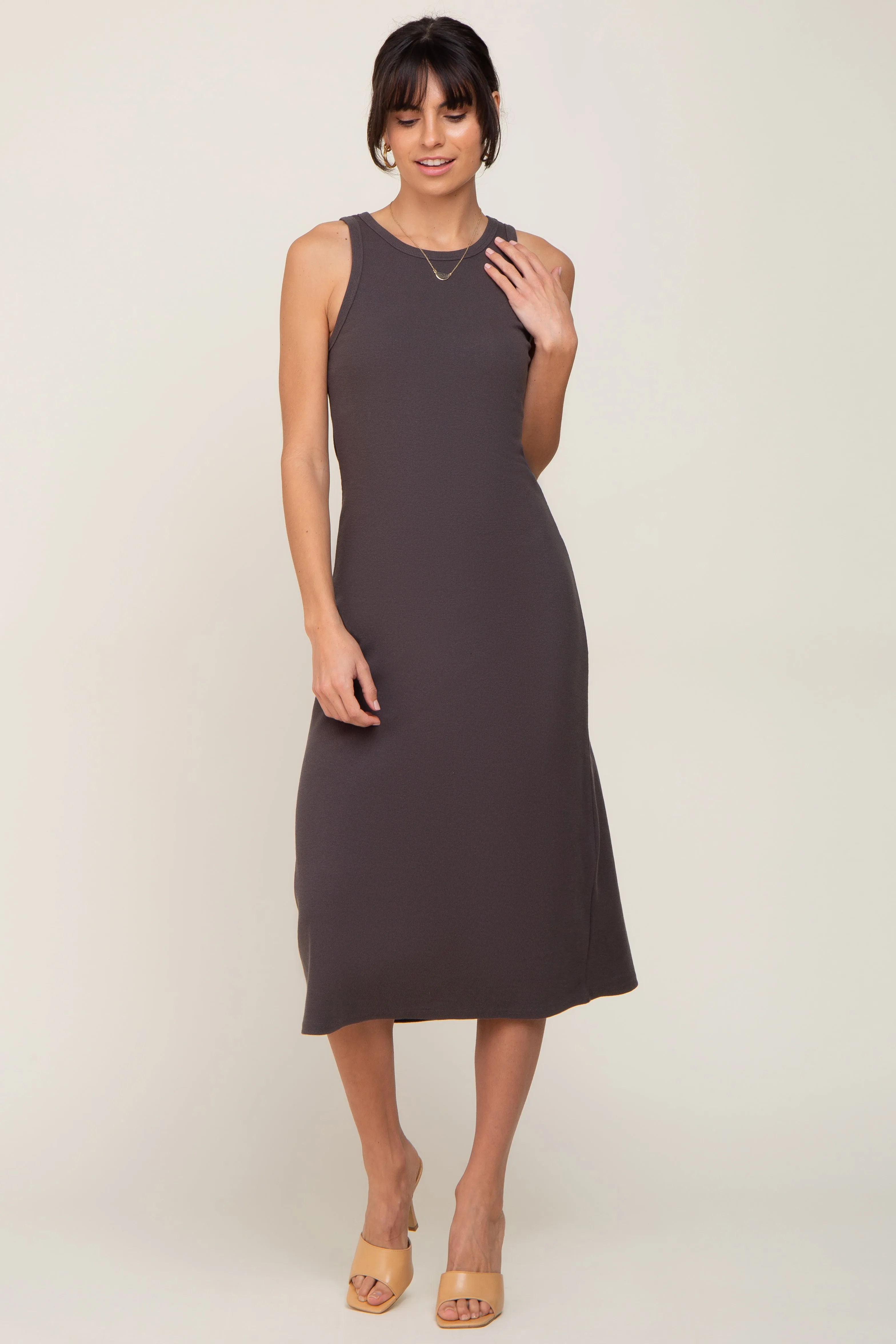 Charcoal Ribbed Sleeveless A-Line Midi Dress sold by Pinkblush