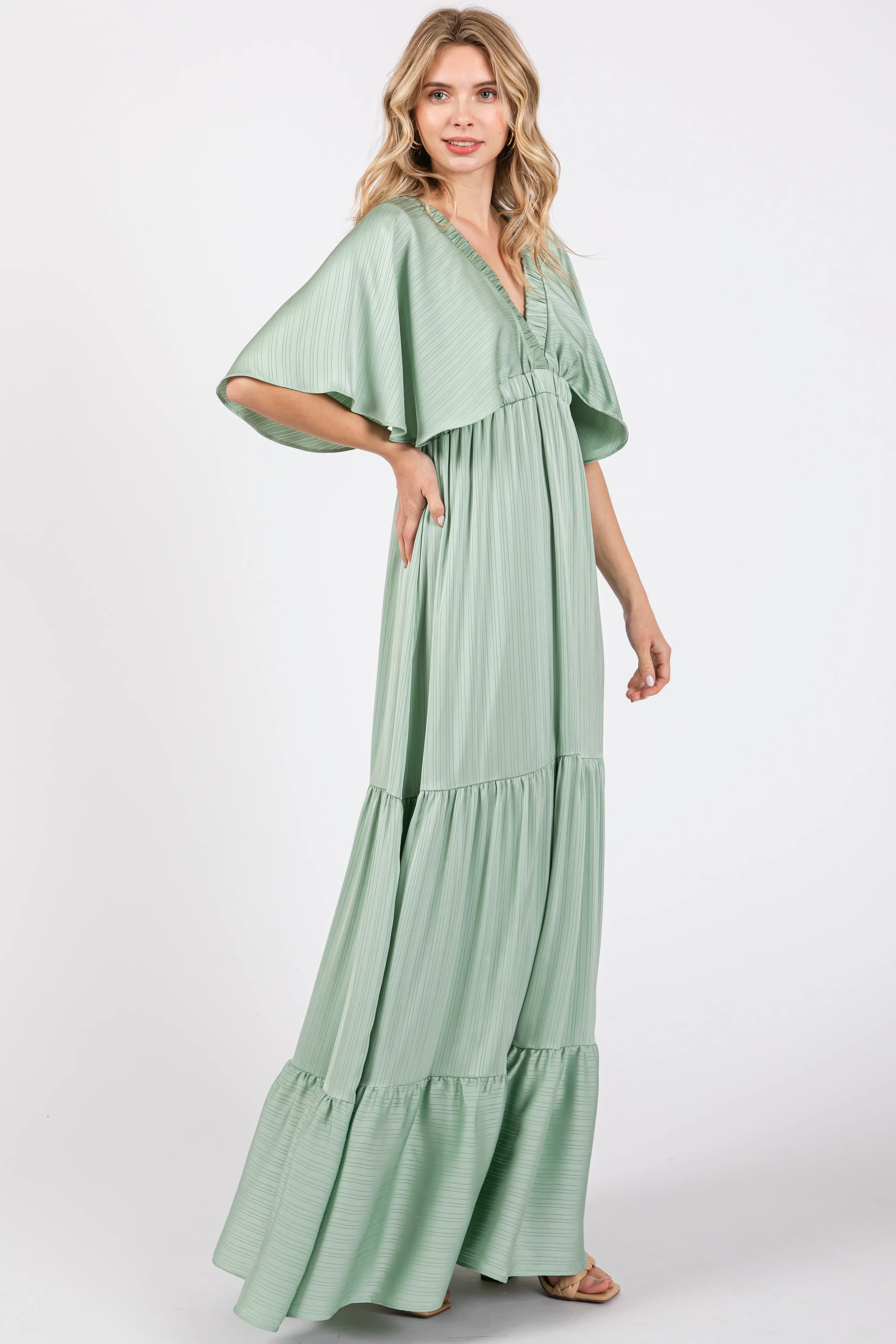 Mint V-Neck Flutter Sleeve Tiered Maxi Dress sold by Pinkblush product image thumbnail 2