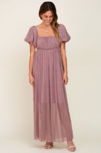 Mauve Pleated Puff Sleeve Maxi Dress sold by Pinkblush