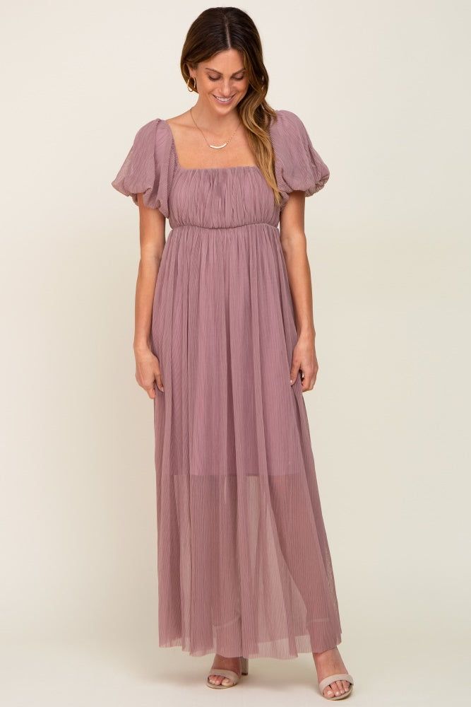 Mauve Pleated Puff Sleeve Maxi Dress sold by Pinkblush product image thumbnail 5