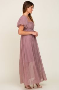 Mauve Pleated Puff Sleeve Maxi Dress sold by Pinkblush