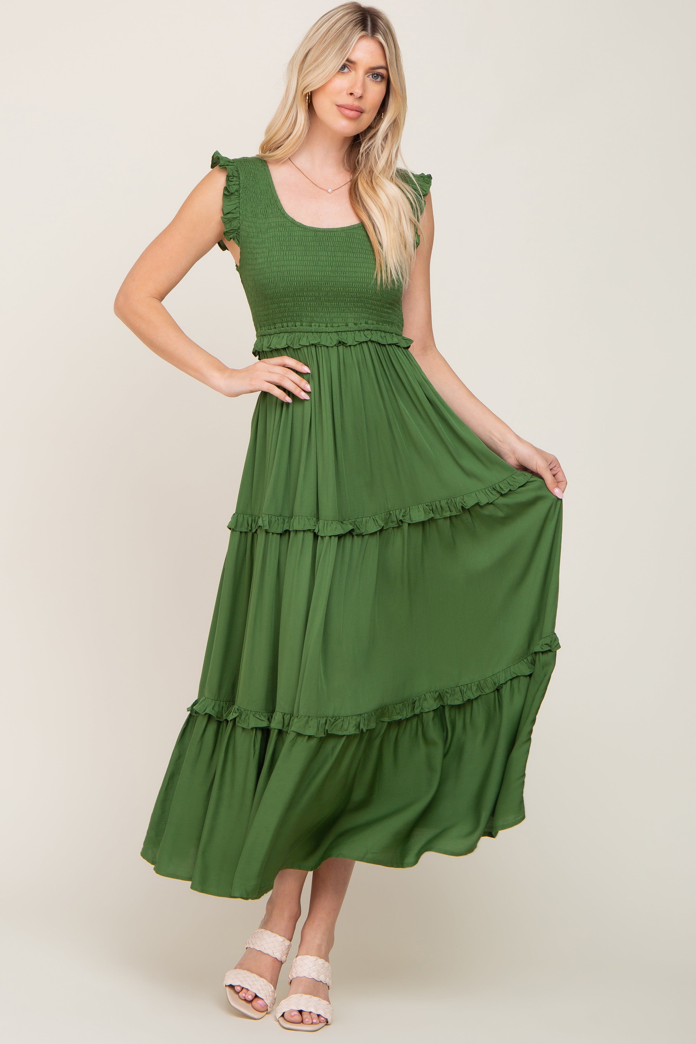 Green Smocked Ruffle Tier Maxi Dress sold by Pinkblush product image thumbnail 4
