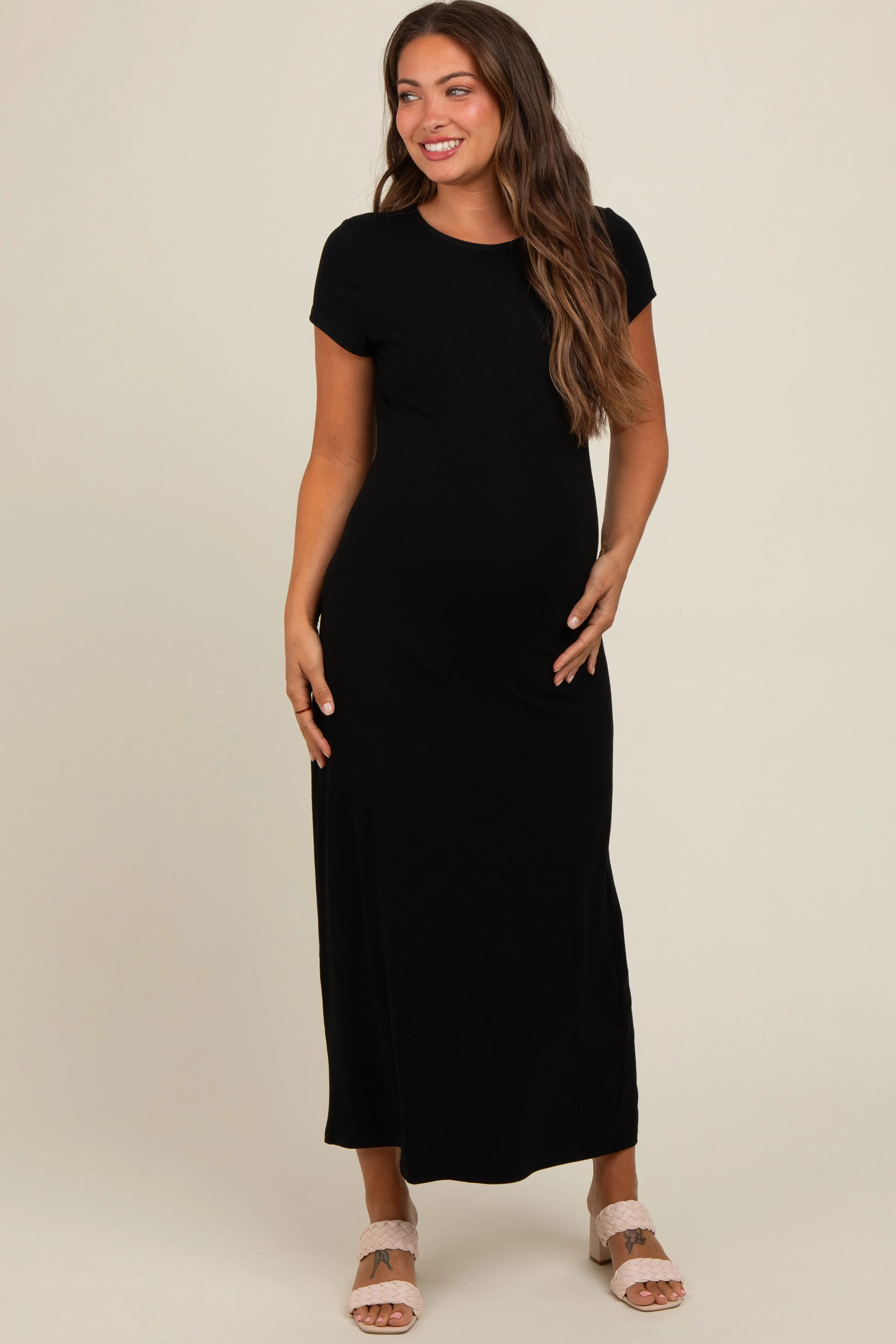Black Short Sleeve Maternity Midi T-Shirt Dress sold by Pinkblush product image thumbnail 2