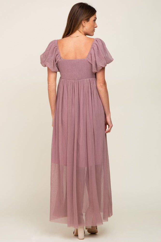Mauve Pleated Puff Sleeve Maxi Dress sold by Pinkblush product image thumbnail 3