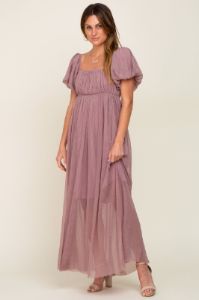 Mauve Pleated Puff Sleeve Maxi Dress sold by Pinkblush