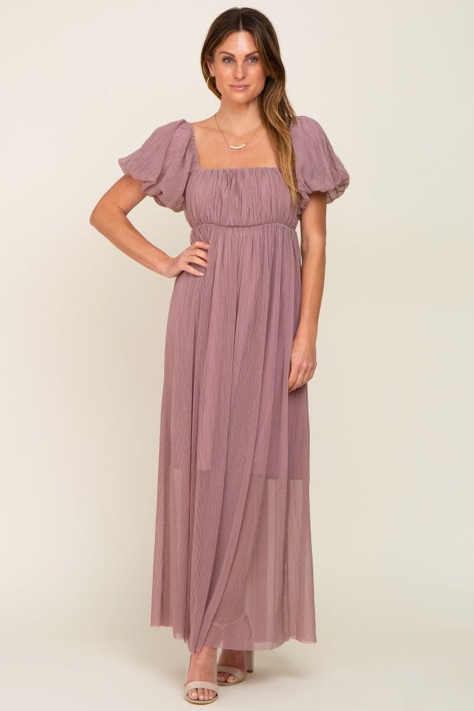Mauve Pleated Puff Sleeve Maxi Dress sold by Pinkblush